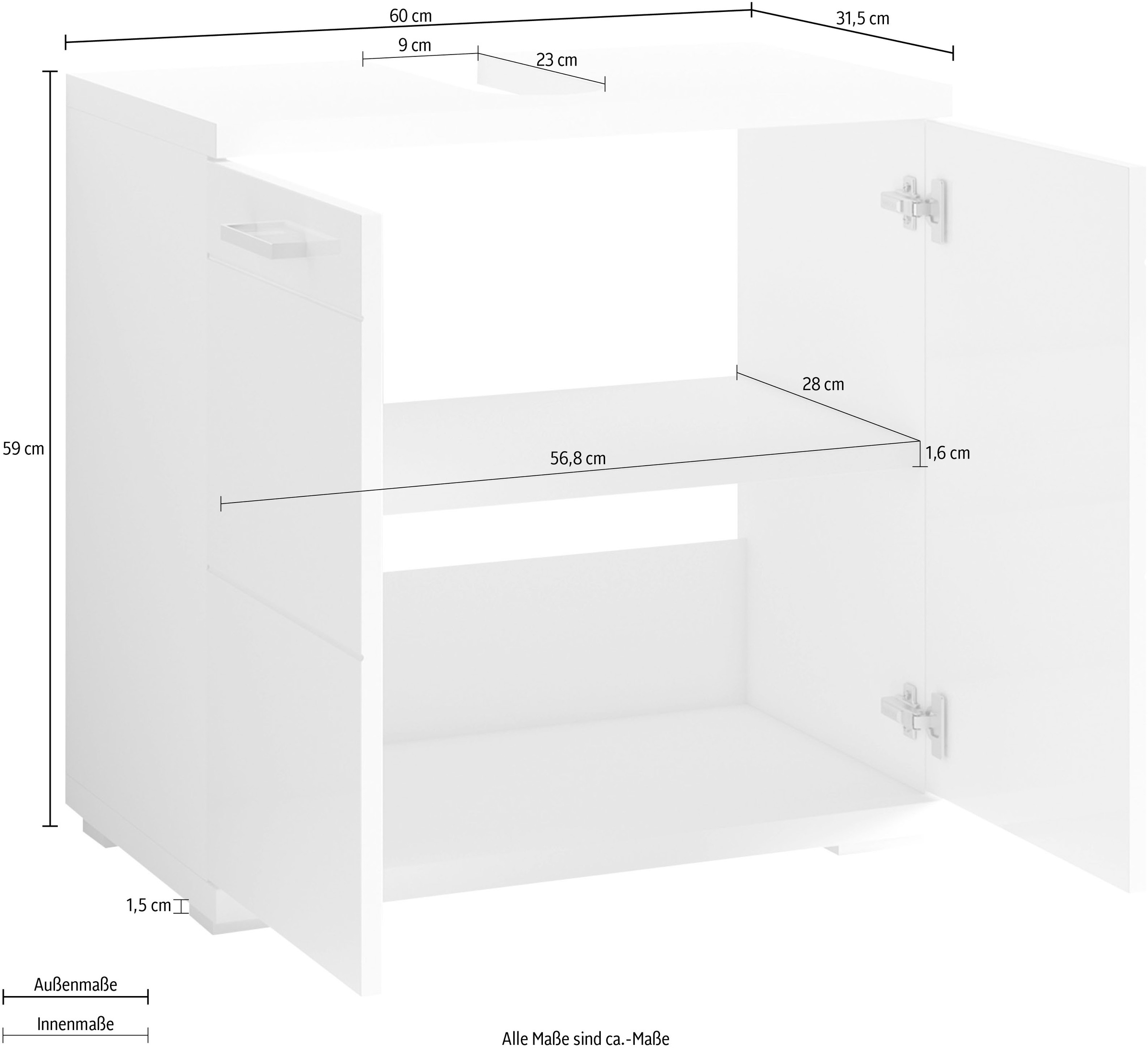 Homexperts Waschbeckenunterschrank »Nusa«, Breite 60 cm, mit Hochglanzlackierung und verchromten Metallgriffen