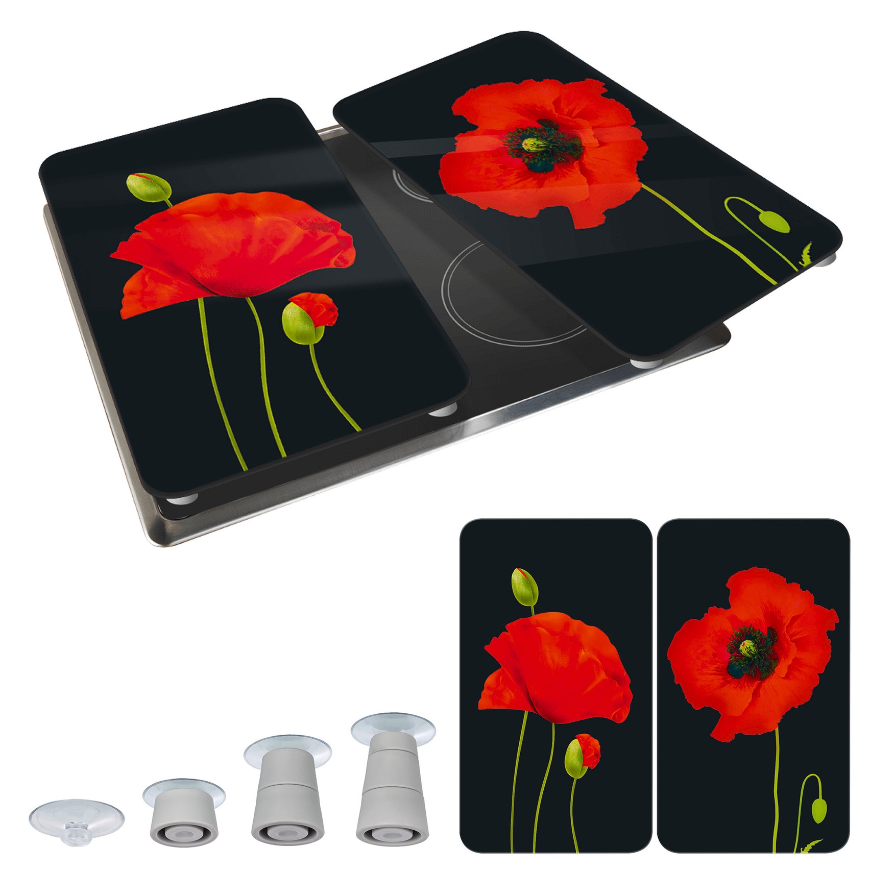 WENKO Herd-Abdeckplatte »Universal Modell Mohn«, (Set, 2 tlg.), Herdabdeckung für alle Herdarten, kratzfest, mit rutschfesten Füssen