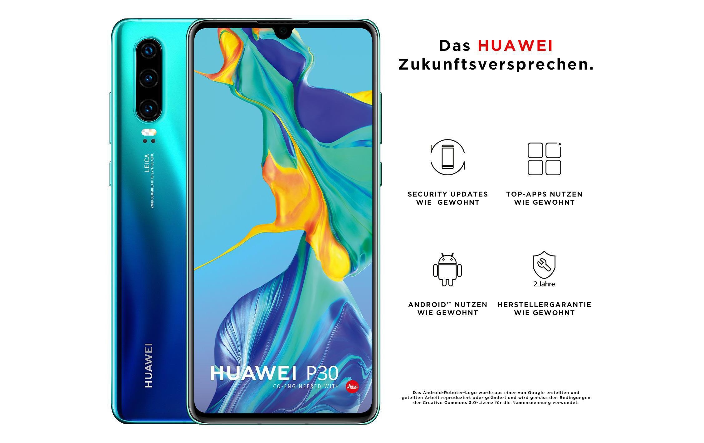 Huawei Smartphone »P30 Aurora Blue«, Aurora Blue/Blau, 15,49 cm/6,1 Zoll, 128 GB Speicherplatz, 40 MP Kamera