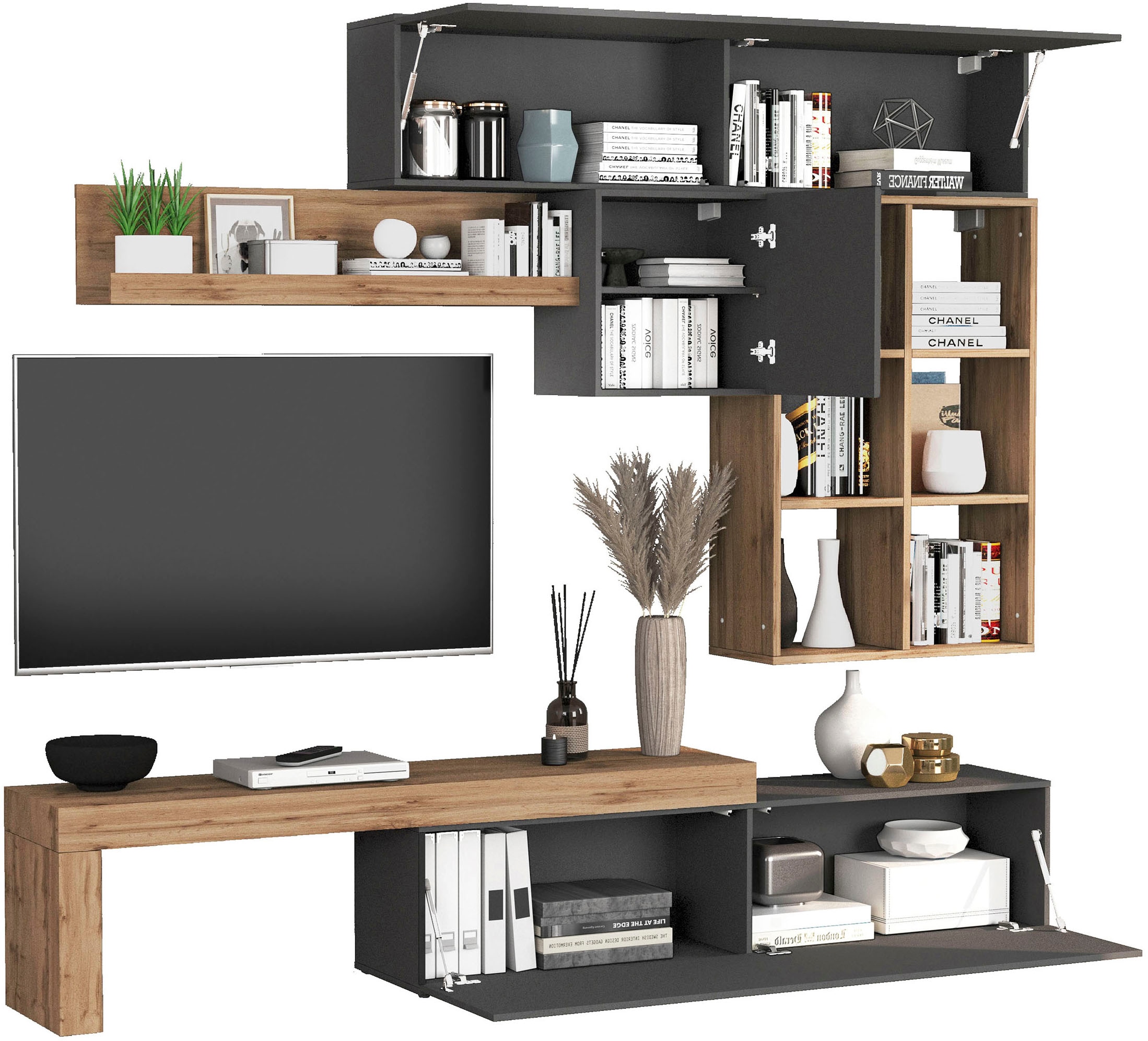INOSIGN Wohnwand »Chronos Wohnwand, Medienwand, 5-er set«, (Set, 5 St.), ca. 270 cm mit Hängeschränke, Würfel, Regal, Lowboard, Made in Italy