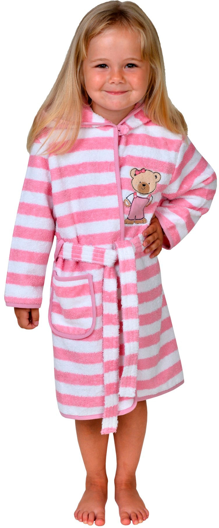 Wörner Kinderbademantel "Teddy Ringel rosa" 1 Stk. Streifenmuster, mit Stickerei, mit Tasche, maschinenwaschbar