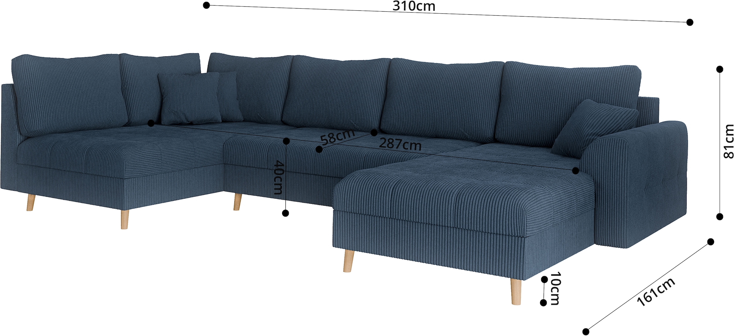Home affaire Wohnlandschaft »CHARRE U-Form mit Ottomane, Masse B/T/H: 310/161/81 cm«, feine Steppung, lose Rücken- und Zierkissen, auch in Cord und Bouclé