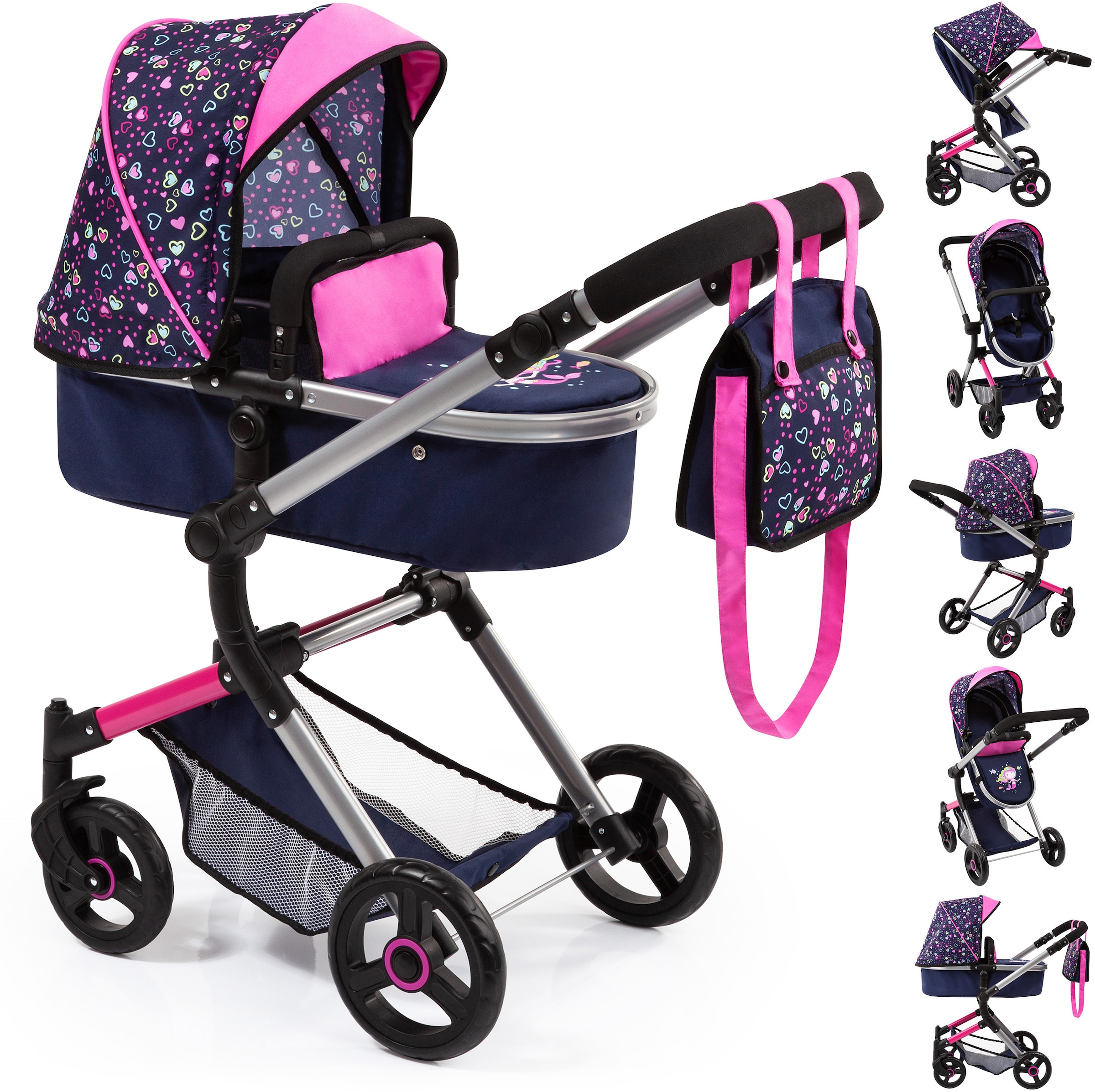 Bayer Kombi-Puppenwagen »Vario, Blau/Pink/Herzchen«, inkl. Wickeltasche