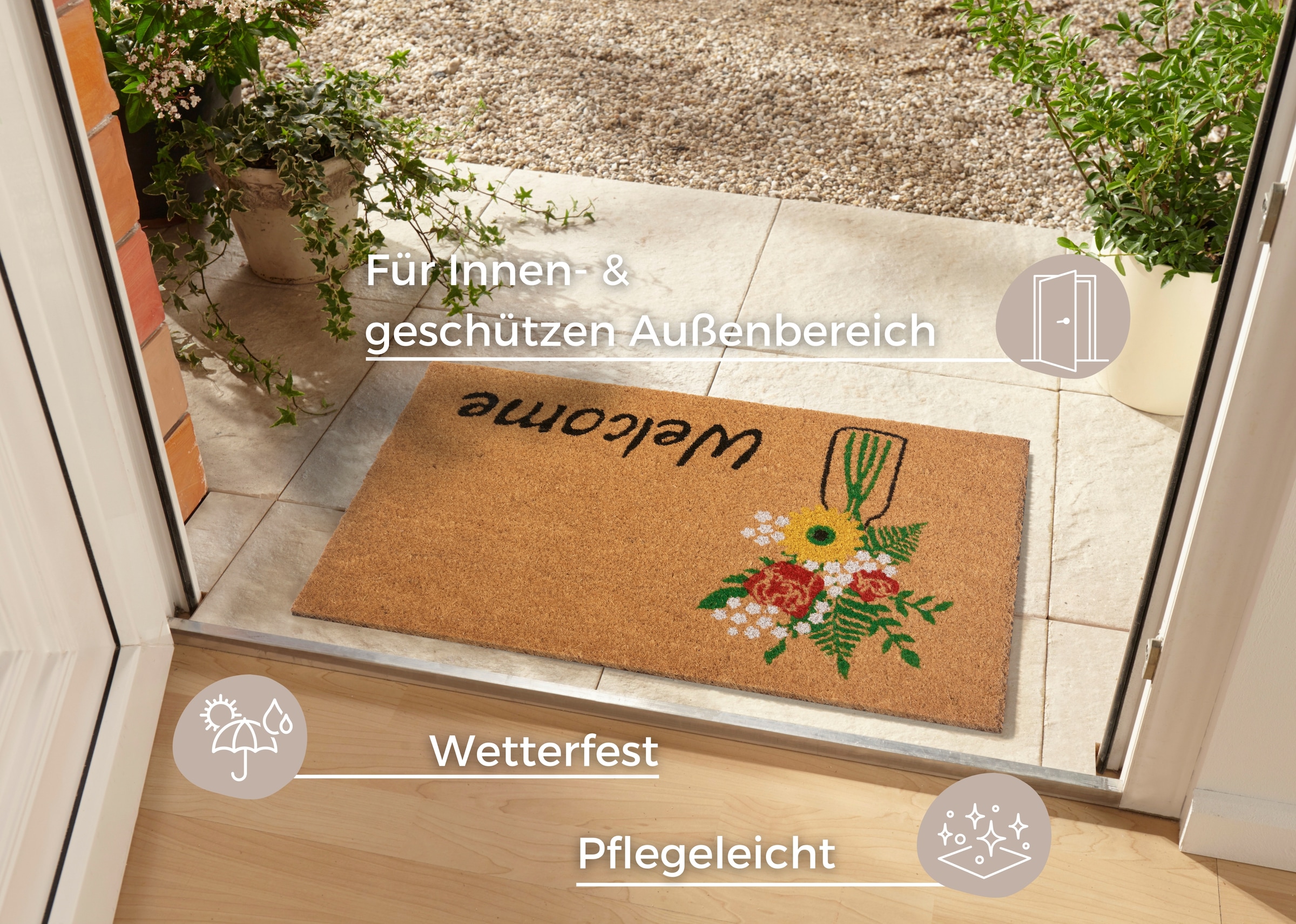 HANSE Home Fussmatte »Welcome & Flowers, Türmatte«, rechteckig, 15 mm Höhe, Kokos, Schmutzfangmatte, Outdoor, Rutschfest, Innen, Kokosmatte, Flur