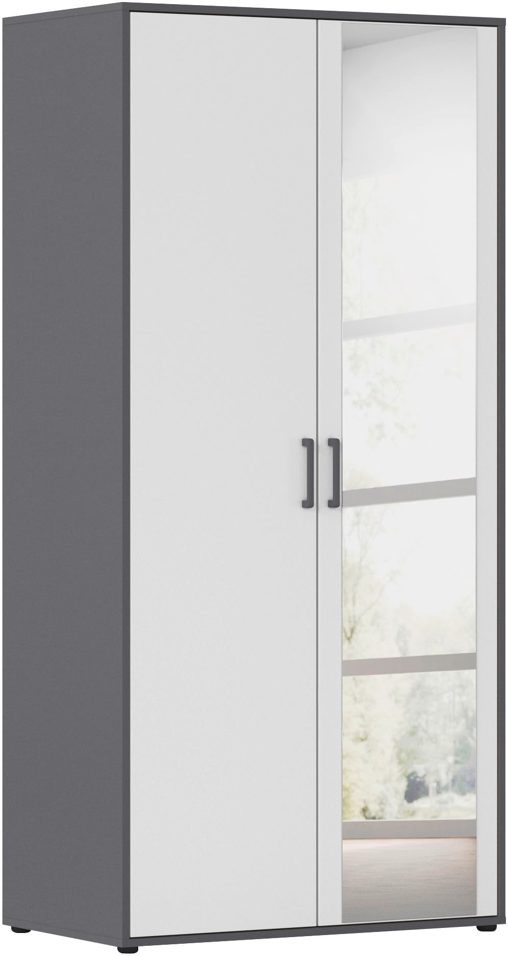 rauch Drehtürenschrank "Kleiderschrank Schrank Garderobe Wäscheschrank VOYAGER" in 3 verschiedenen Ausstattungen BASIC/CLASSIC/PREMIUM, mit modernen Griffen in Graumetallic und Spiegel