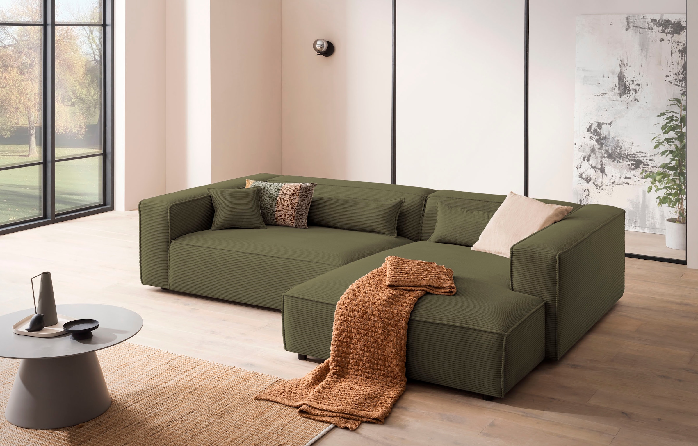 LeGer Home by Lena Gercke Ecksofa »PIARA XXL, Big-Sofa in Cord oder Leinenoptik, L-Form, mit Kedernaht«, wahlweise Ottomane rechts/links, schwarze Füsse, extra tiefe Sitzfläche