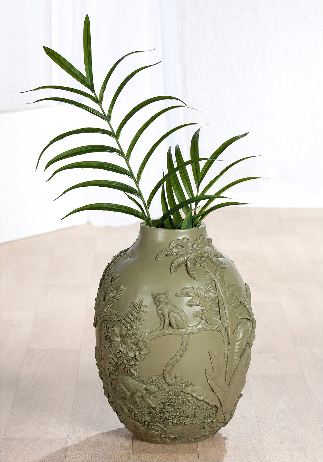 GILDE Bodenvase "Bodenvase bauchig Jungle grün H. 55,5 cm" Bodenvase, Tiermotiv, Pflanzenmotiv, exotisch, Dschungelstil