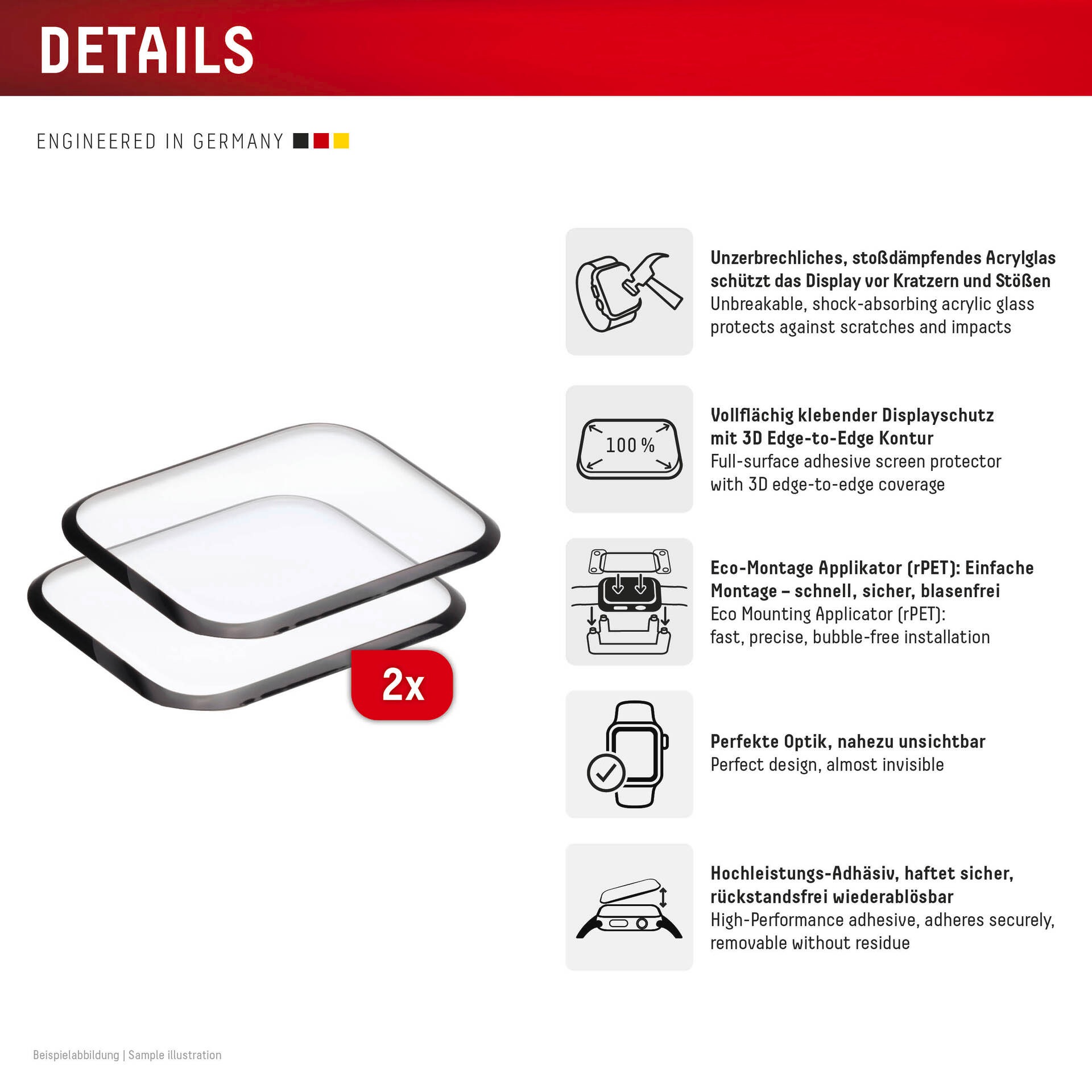 Displex Displayschutzglas »Smartwatch Glass Unbreakable Protector Full Cover«, für Apple Watch Series 10 46 mm, (Packung, 2x Acrylglas Protector), Displayschutzfolie, Schutzfolie, Bildschirmschutz, kratz- & stossfest