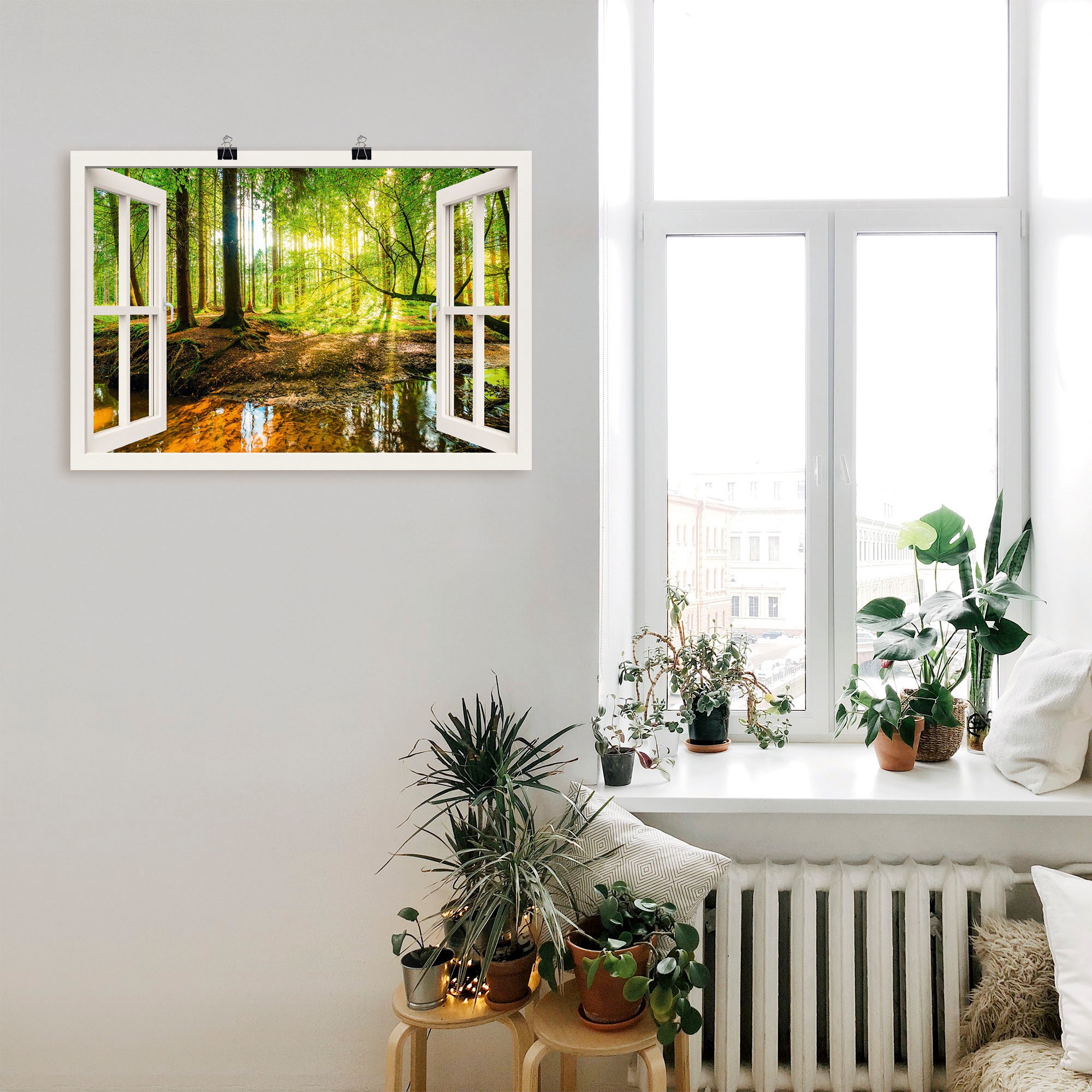 Artland Wandbild »Fensterblick - Wald mit Bach«, Wald, (1 St.), als Leinwandbild, Poster, Wandaufkleber in verschied. Grössen