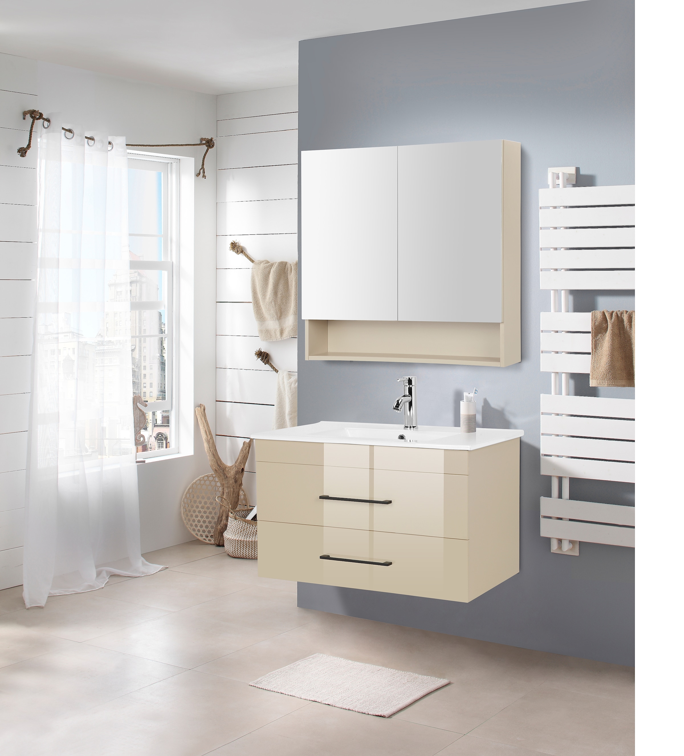 welltime Waschtisch »Florenz Badmöbel Badschrank mit Waschbecken«, Waschplatz mit 2 Auszügen und Softclose Breite 80cm