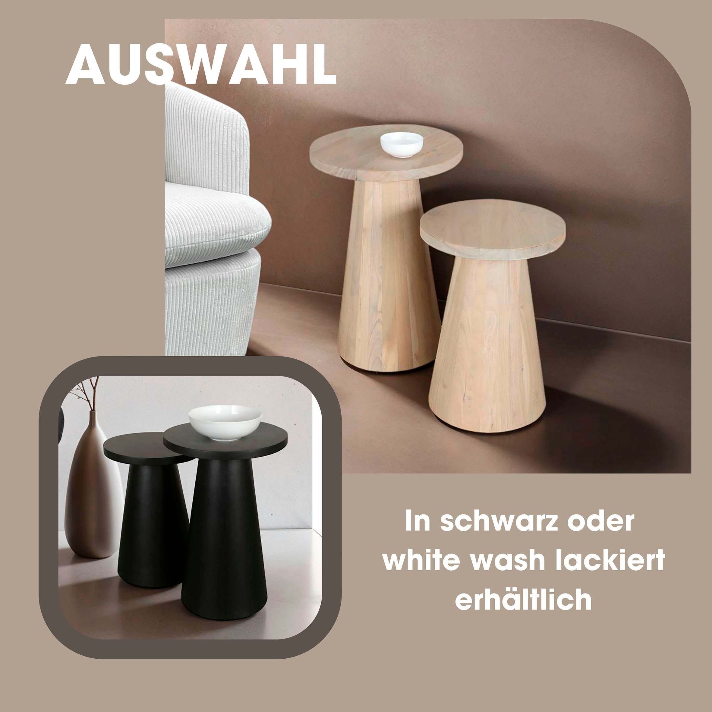 byLIVING Beistelltisch »Cone«, (Set), aus Massivholz in schwarz oder white wash, verschiedenen Grössen