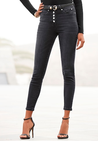 High-waist-Jeans, mit modischer Knopfleiste, schmale Skinny-Jeans, Stretch-Qualität