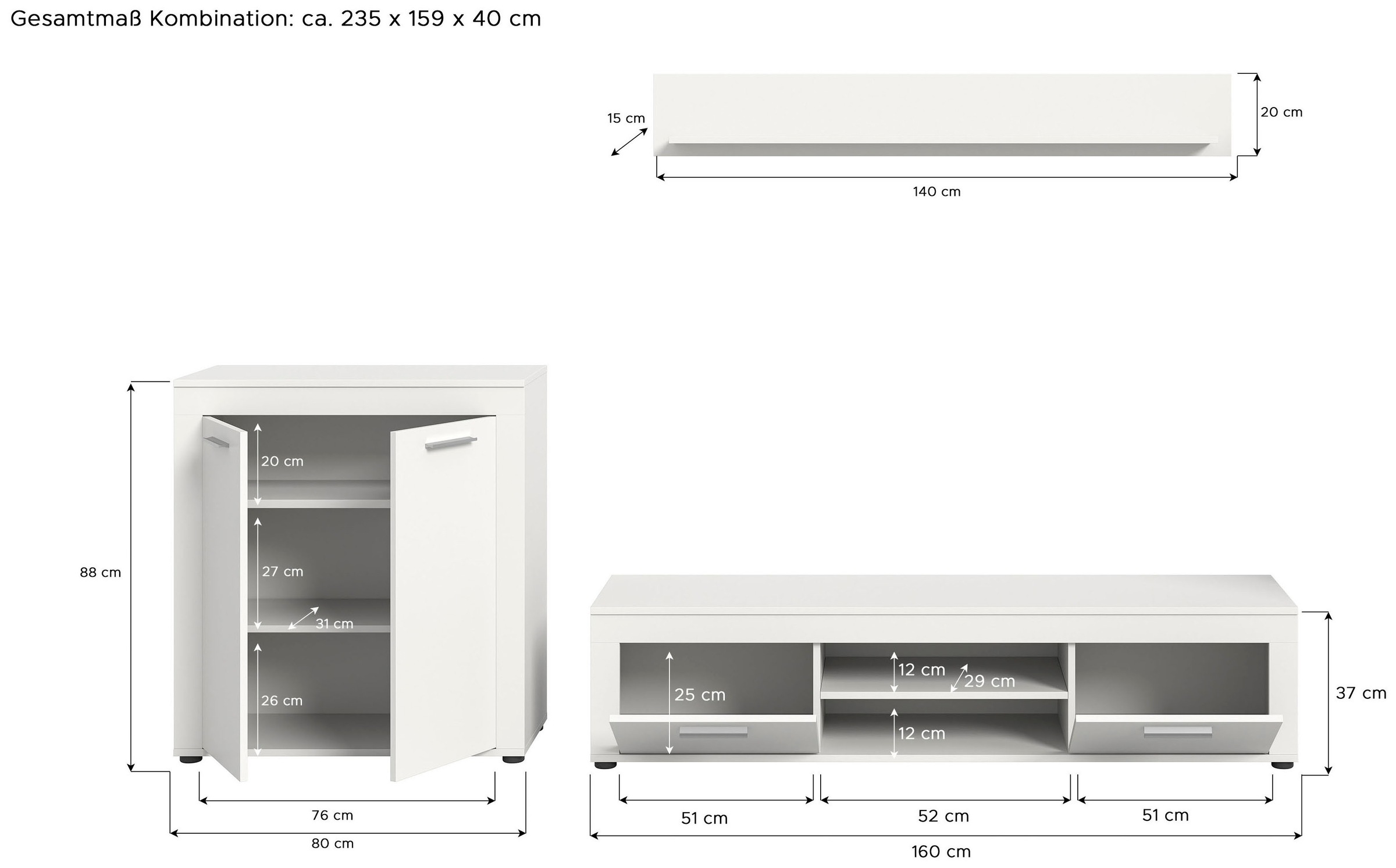 INOSIGN Wohnwand »Aosta, Breite 255cm, bestehend aus Highboard, Lowboard, Wandboard«, (3 St.), Wohnwand, Kombination, Anbauwand, Möbel Set, Schrankwand, Möbel Kombi