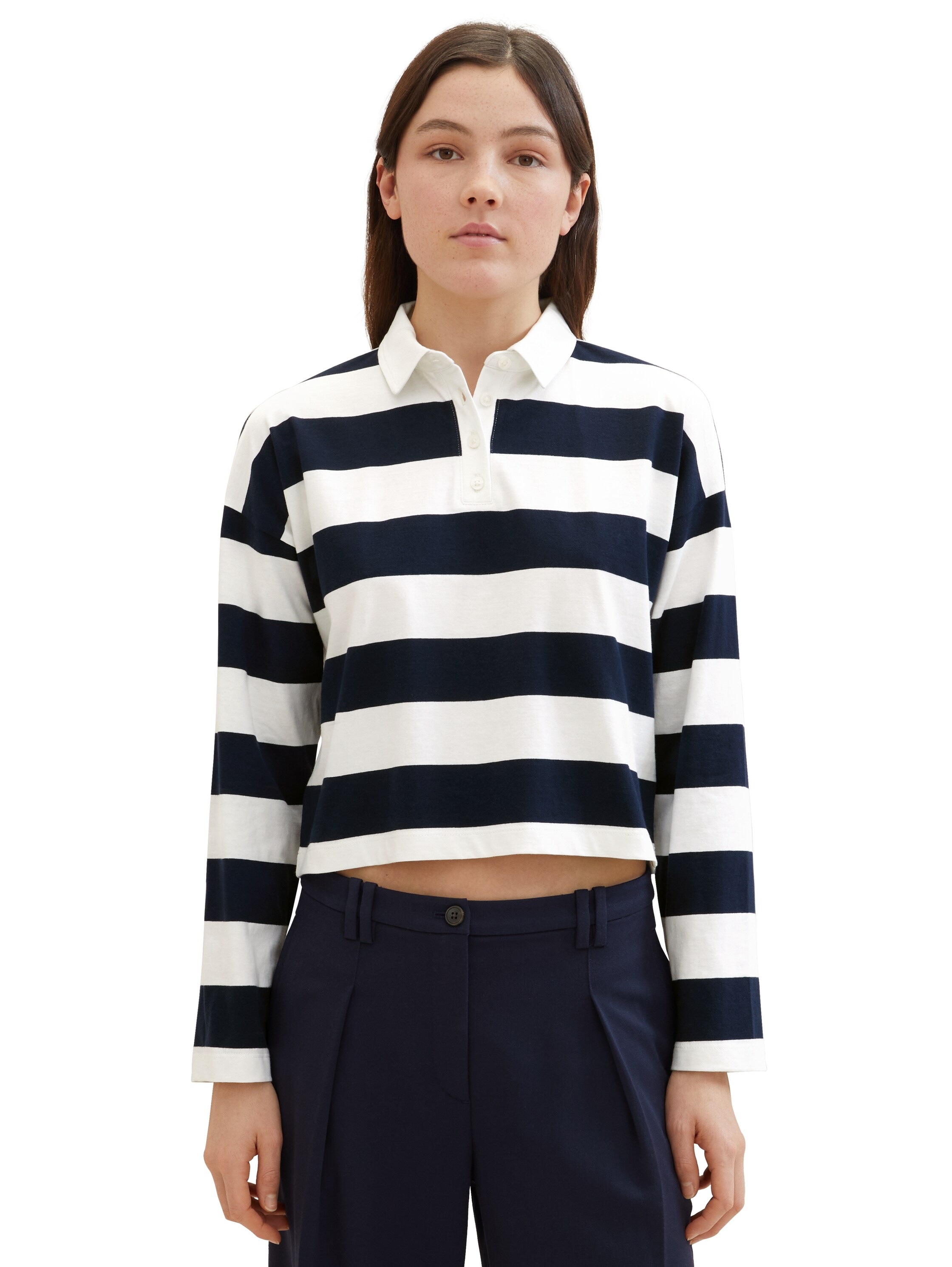 TOM TAILOR Denim Langarm-Poloshirt, mit Streifen und Polokragen, extra kurz