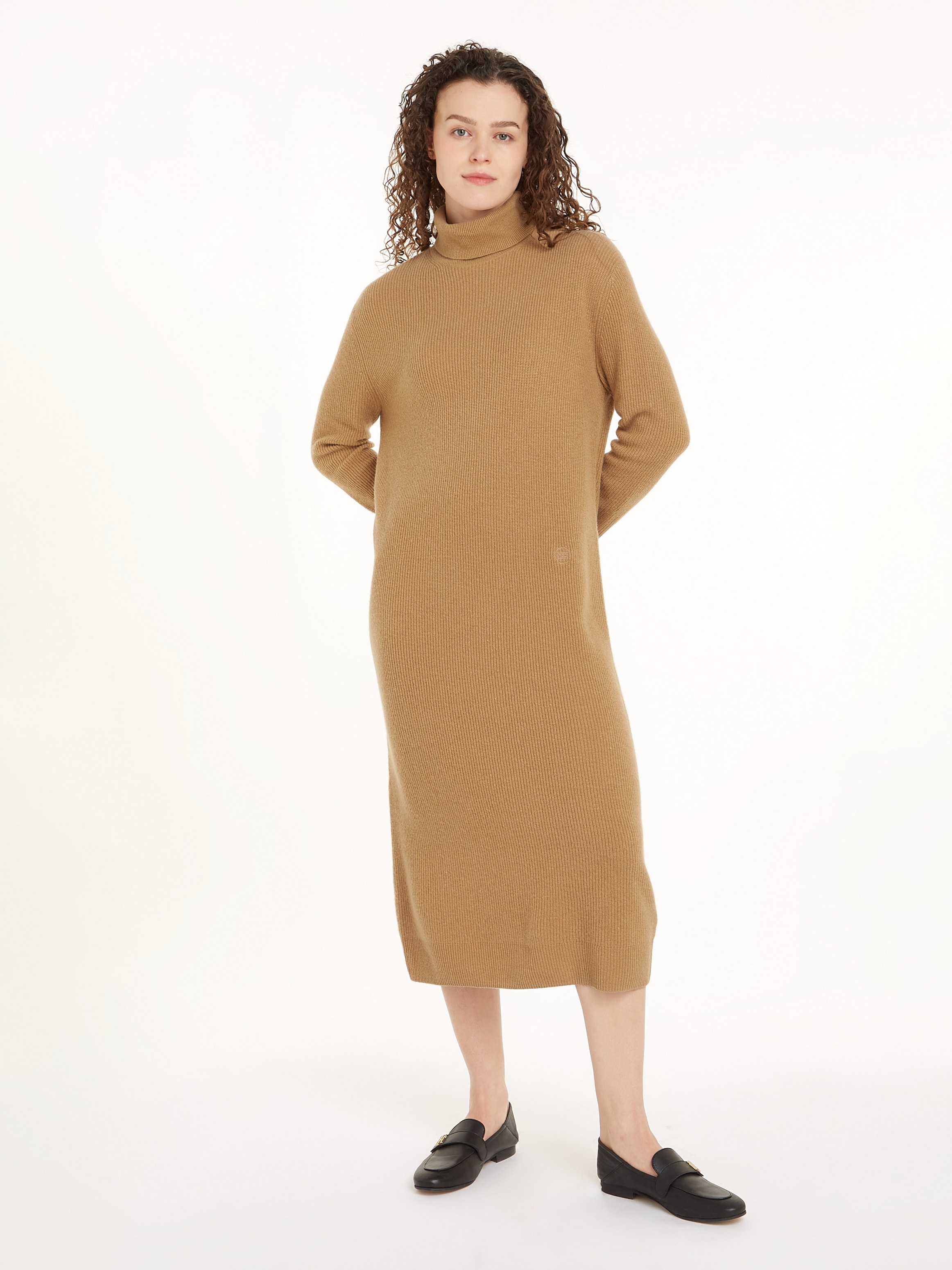 Strickkleid »WOOL CASH ROLL-NK LONG DRESS«, mit Logostickerei, in Rippoptik