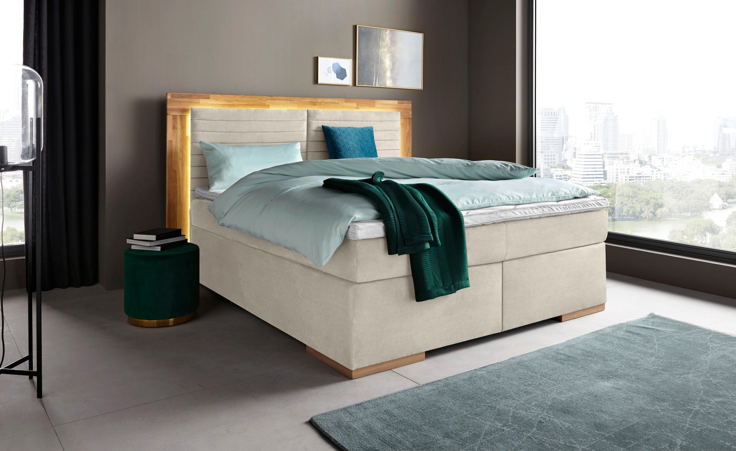 Home affaire Boxspringbett "Cup" mit LED-Beleuchtung, Massivholzrahmen und Topper, in 2 Härtegraden