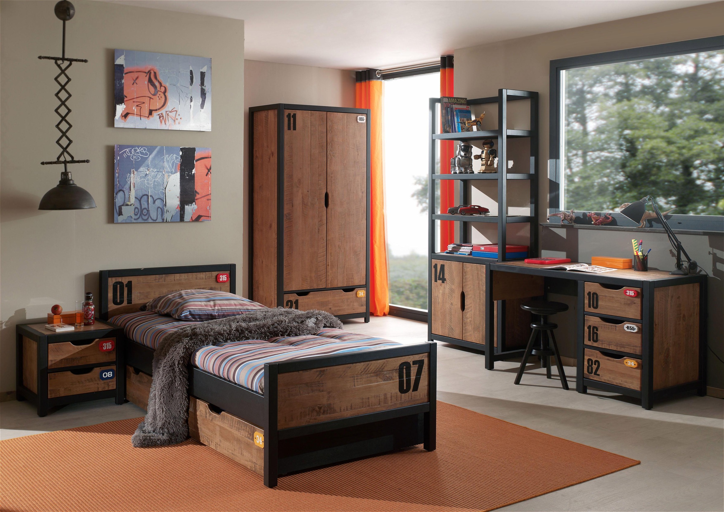 Vipack Kleiderschrank "Alex, Fronten massiv Kiefer in Hobel-Optik, Dekor Ziffern" H/T ca. x200x55cm, Rahmen schwarz, wahlweise 2 Breiten, inkl. Schublade/n, innen mit Kleiderstange