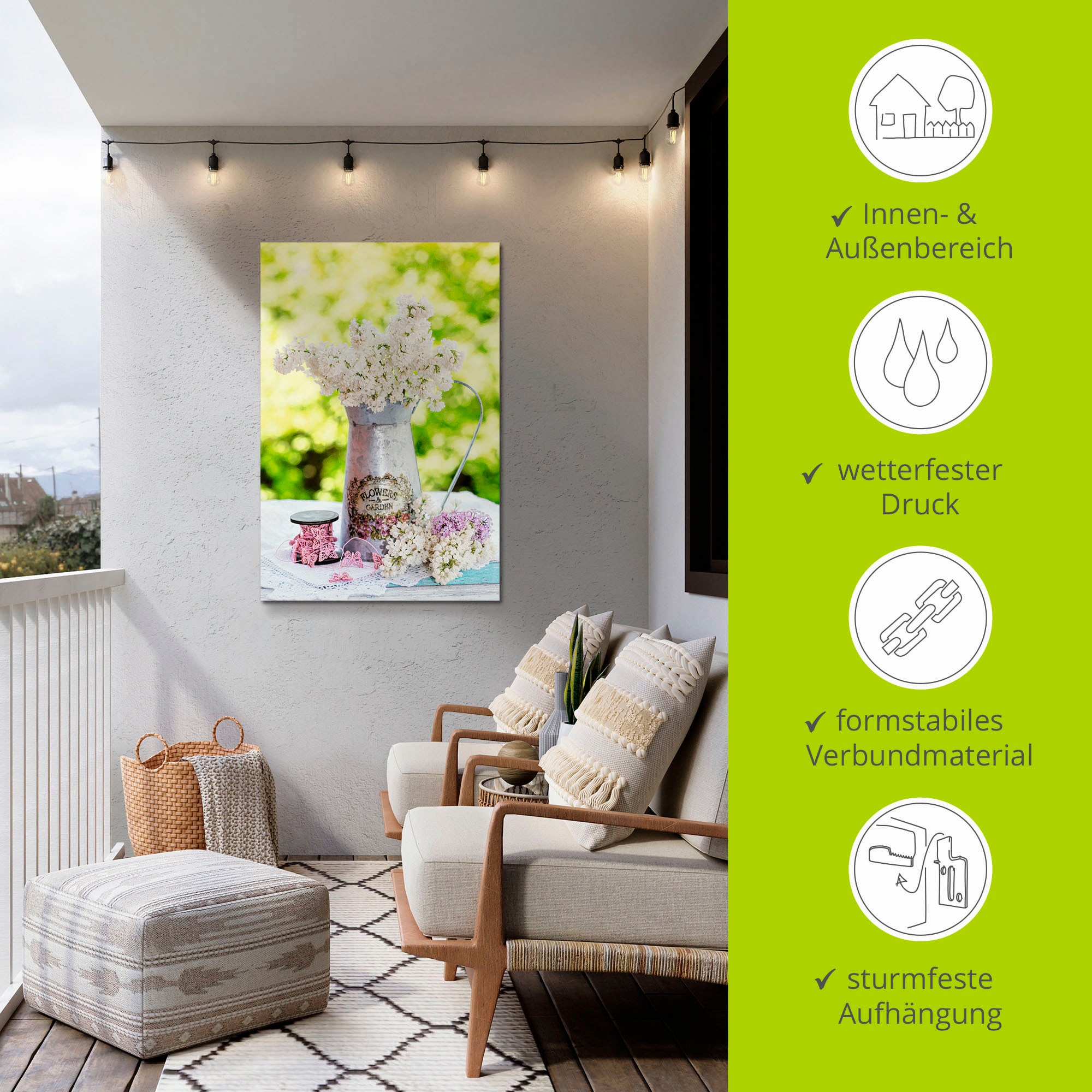 Artland Wandbild »Flieder und Shabby Chic Stillleben«, Blumen, (1 St.), als Alubild, Outdoorbild, Leinwandbild, Poster, Wandaufkleber