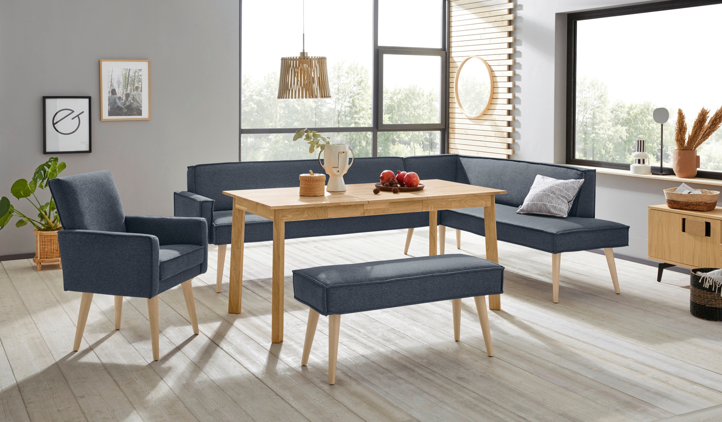 exxpo - sofa fashion Eckbank »Lungo, moderne Kedernaht, bequem und elegant, hoher Holzfuss«, hochwertige Detailverarbeitung, frei im Raum stellbar