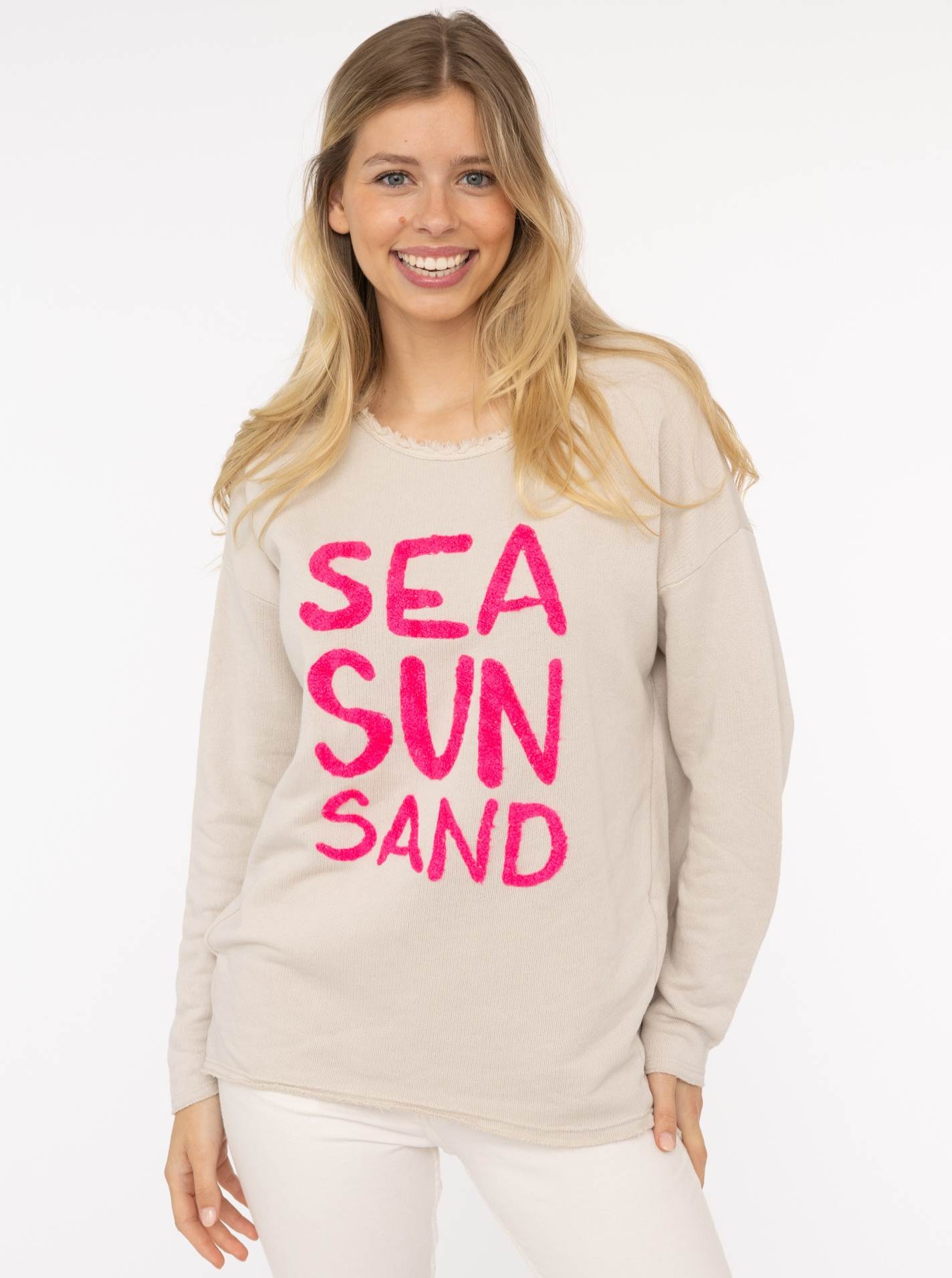 Zwillingsherz Sweater »"Sea Sand Sun"«, Flock-Print, ausgefranster Rundhalsausschnitt, Langarm