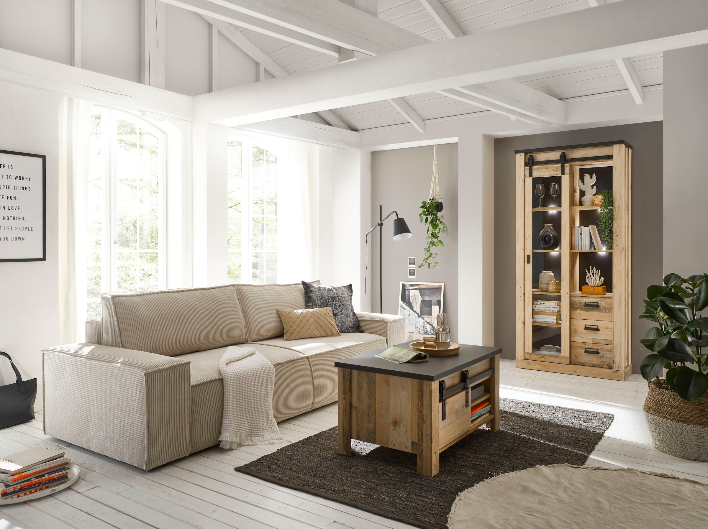 Home affaire 3-Sitzer »SHERWOOD Schlafsofa (257cm) Cord, Samtvelours, Vintage-Lederoptik«, Schlaffunktion mit Bettkasten (ca. 136/200cm)
