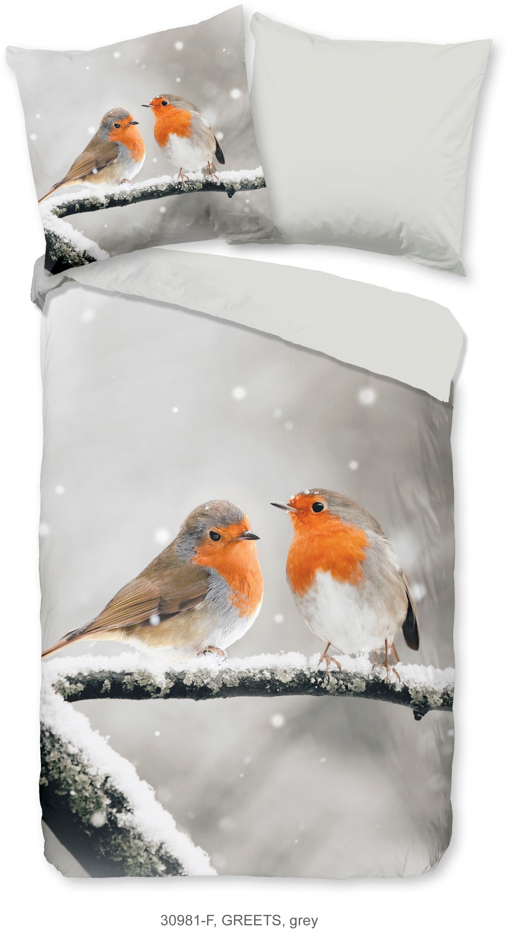 good morning Wendebettwäsche »Greets«, Biber, 135x200, Warm, Weich, Wendeoptik, Reissverschluss, Vogel, Grau