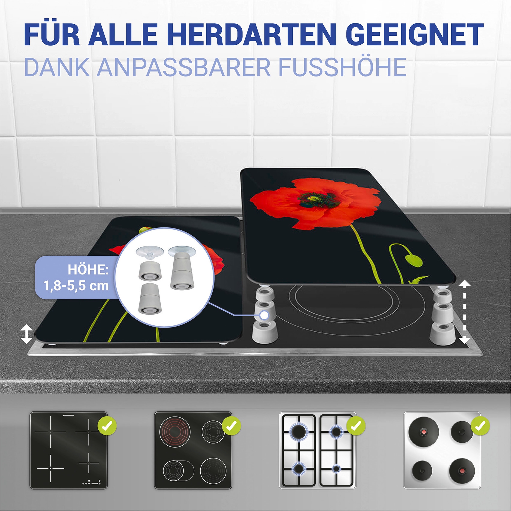 WENKO Herd-Abdeckplatte »Universal Modell Mohn«, (Set, 2 tlg.), Herdabdeckung für alle Herdarten, kratzfest, mit rutschfesten Füssen