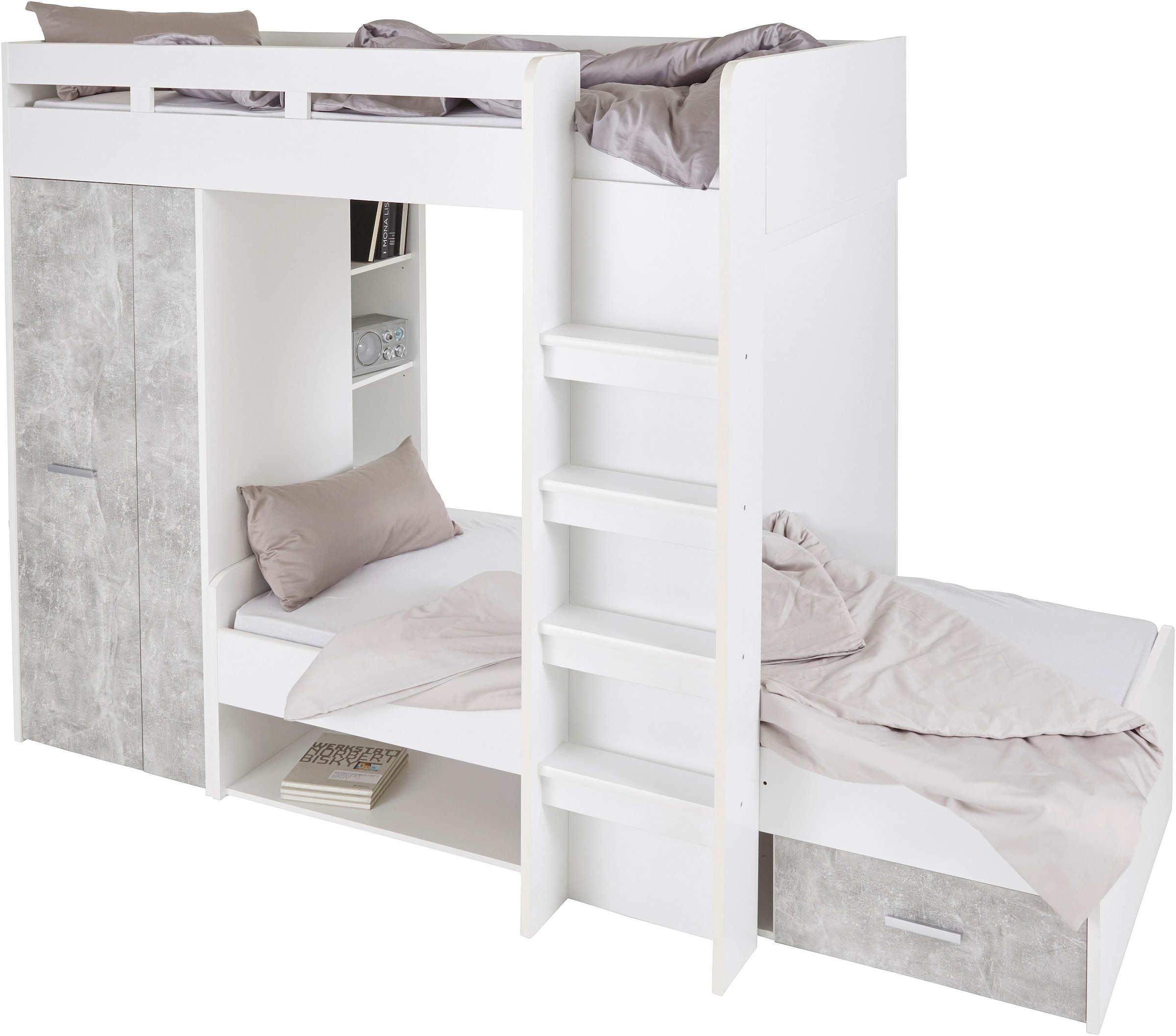 Begabino Hochbett »MAXI« mit 2 Liegeflächen, Kleiderschrank und Regalen