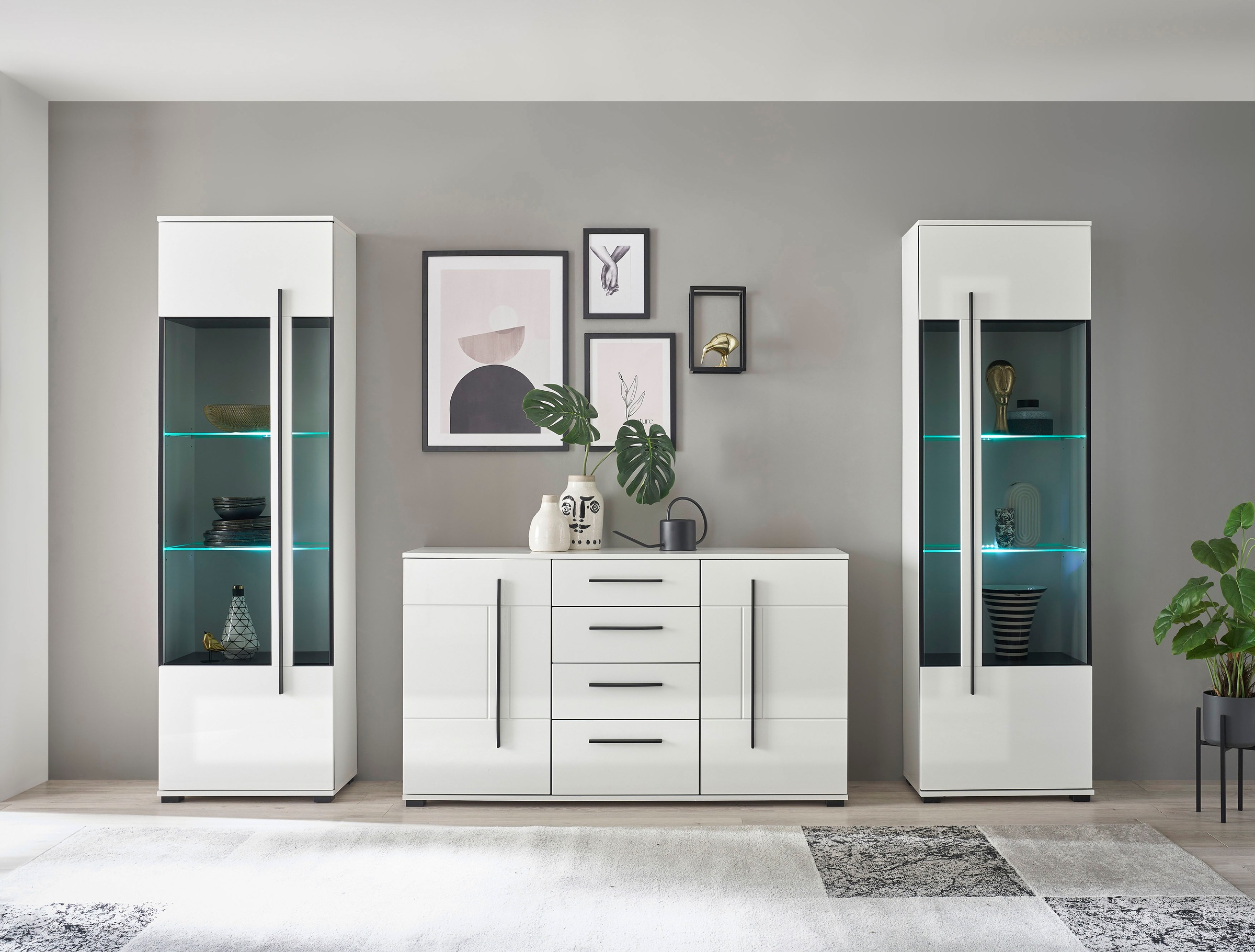 INOSIGN Wohnwand »Cantara, moderne Anbauwand, Wohnzimmer-Set, in Eiche Evoke oder Weiss«, (Set), enthält zwei Vitrinen und ein Sideboard