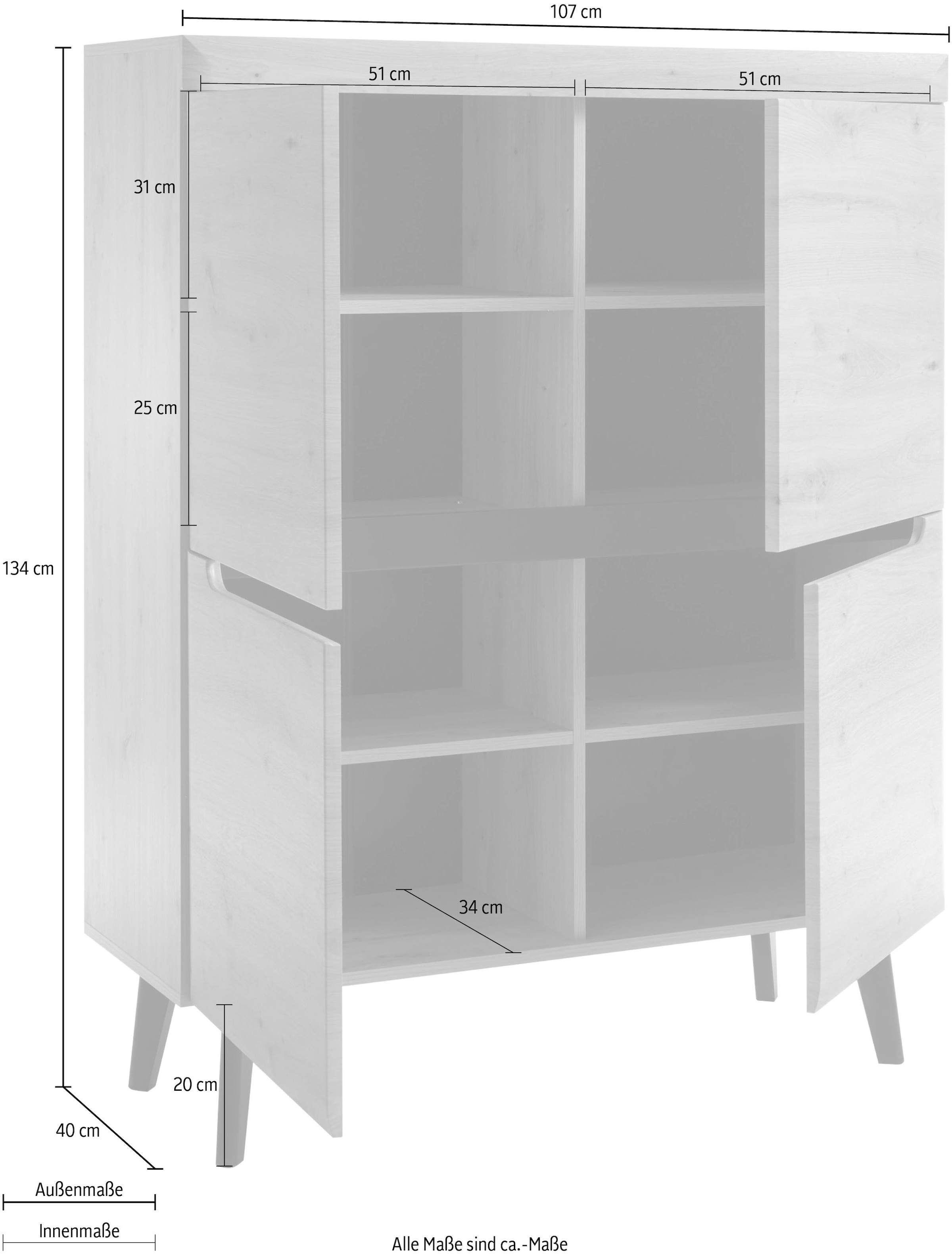 INOSIGN Highboard »Torge, Kommode, Schrank, Sideboard, Anrichte, Mehrzweckschrank«, (1 St.), abgeschrägte Füsse, drei Farben, Scandi Design, 107 cm breit