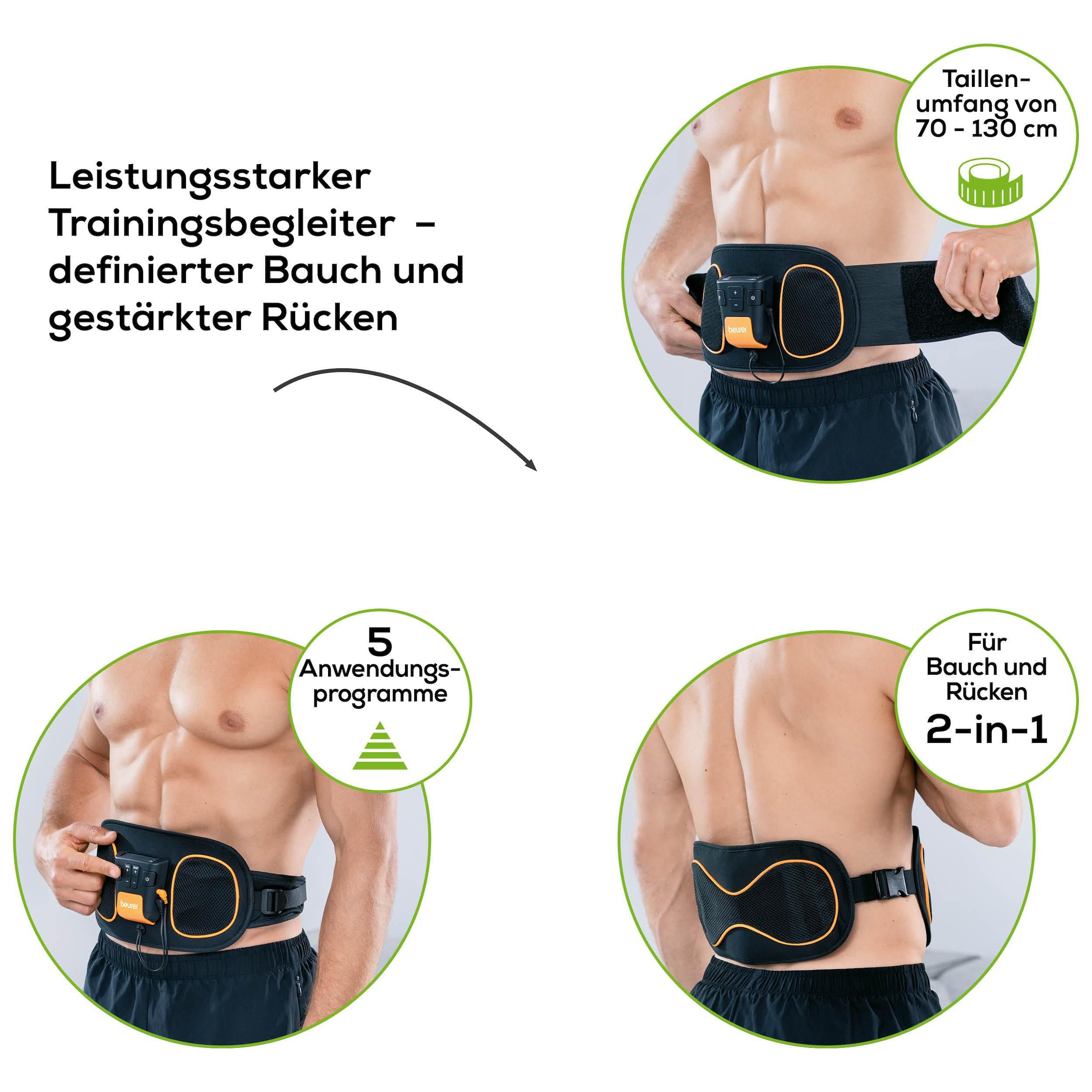 BEURER TENS-EMS-Gerät »EM 39 Muskelgürtel für Bauch- und Rücken, 4 Elektroden«, (2 tlg.), Stimulation von zentralen Bauchmuskeln und unterer Rückenmuskulatur