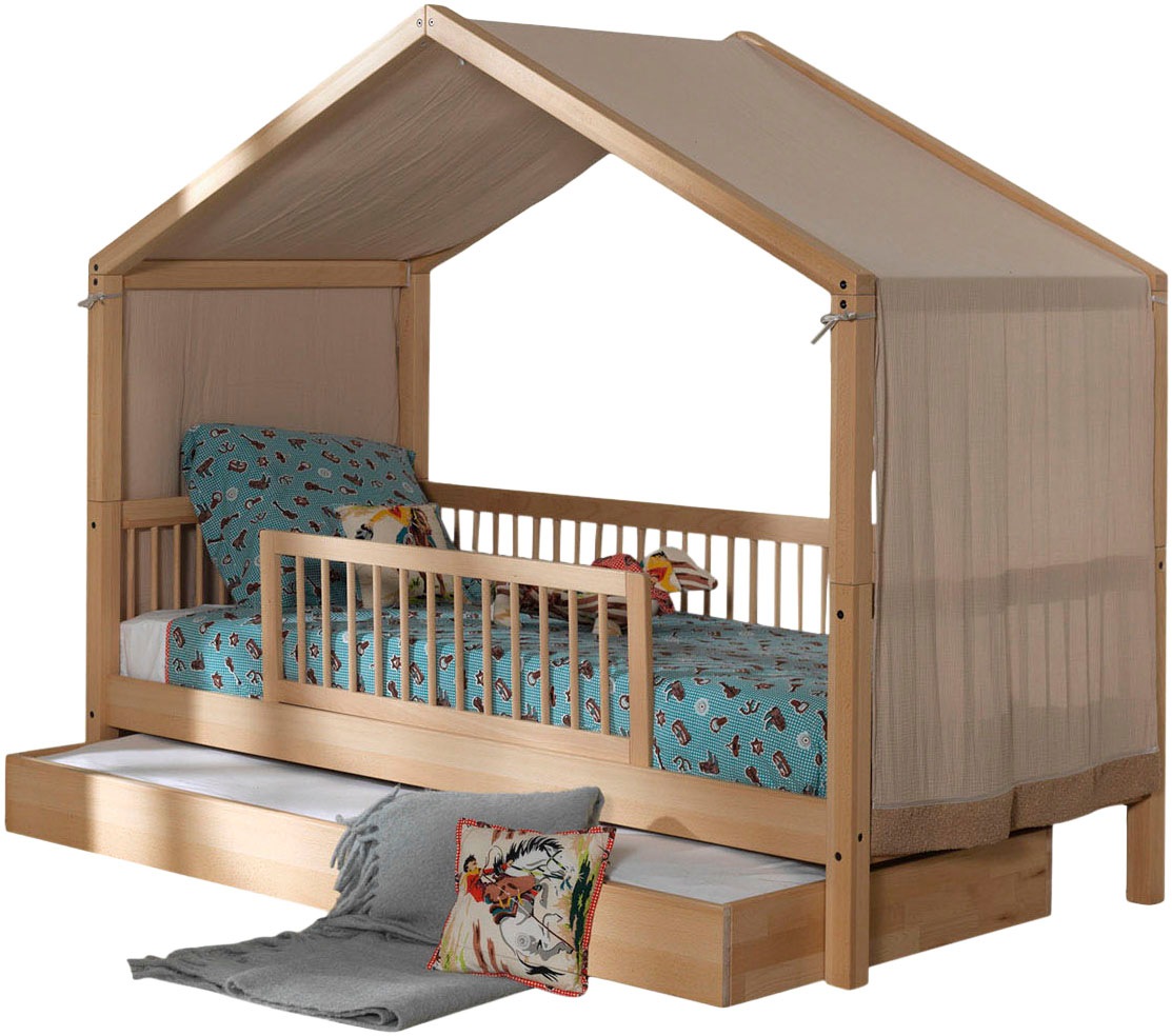 Vipack Hausbett "Forrest mit hochwertiger und stabiler Verarbeitung, Made in Europe" Buche massiv natur, 90/200 cm, inkl. Rausfallschutz und Bettschublade, wahlweise ohne oder mit Textilhimmel