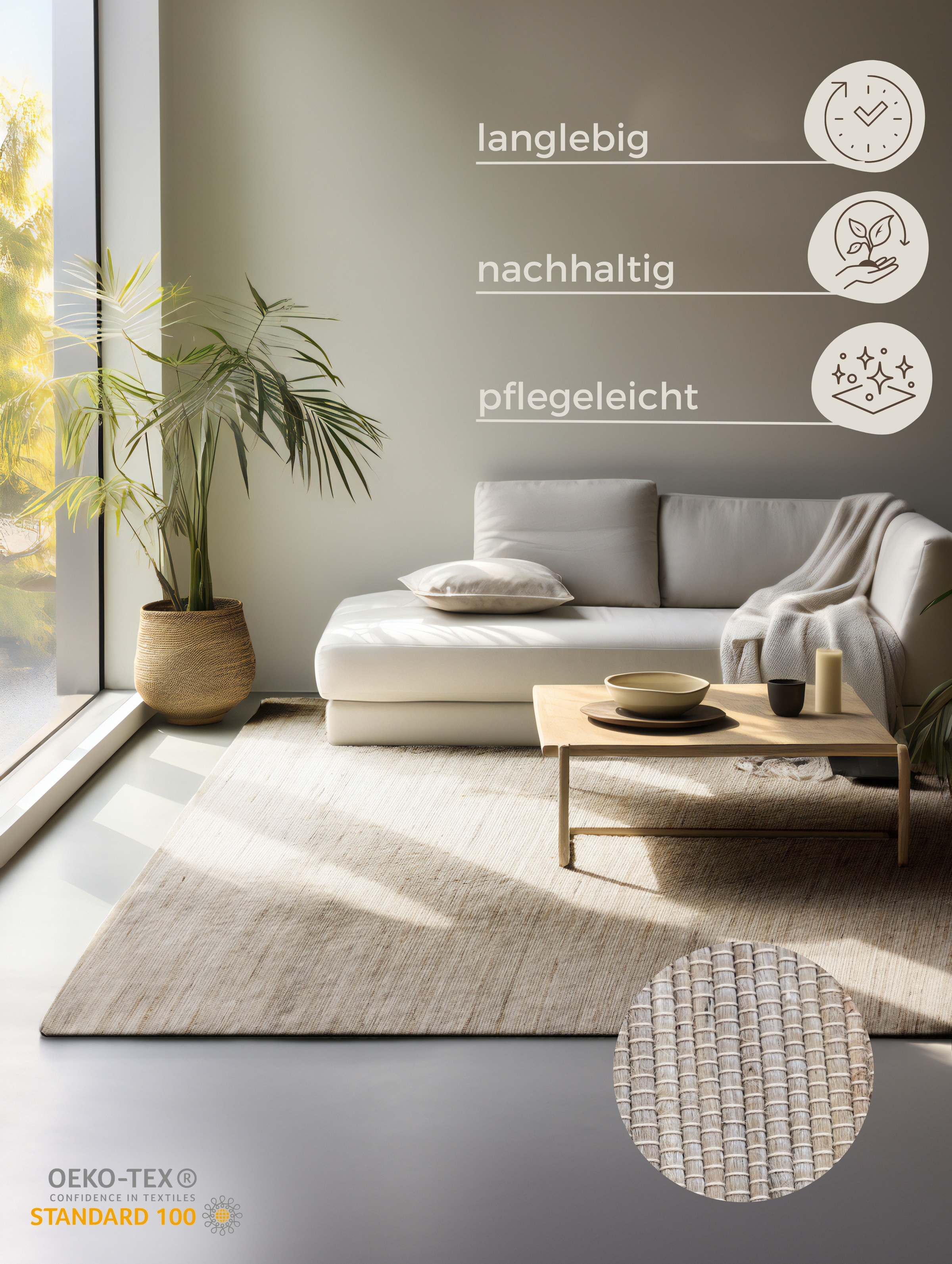 HANSE Home Teppich »Dhaka Juteteppich«, rechteckig, 5 mm Höhe, Läufer, handgewebt, Jute, Wolle, Natur, Wohnzimmer, Flur, Klassisch