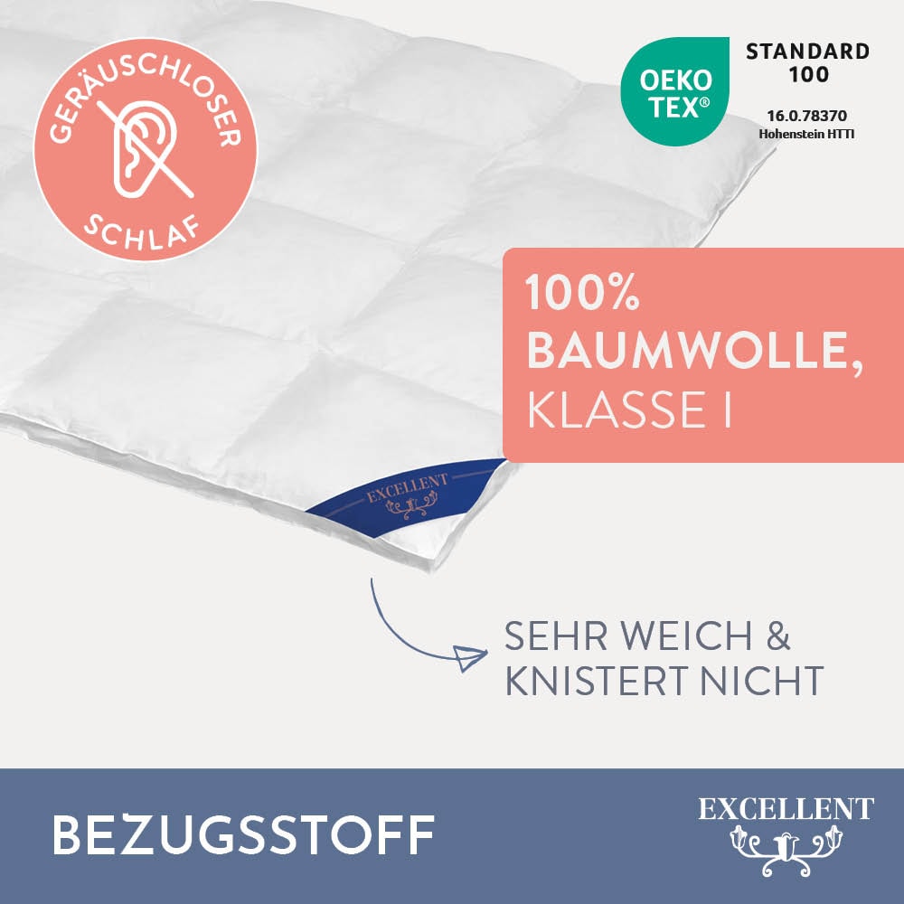 Excellent Daunenbettdecke »Wien, Bettdecken für Sommer und Winter, Decke«, polarwarm, Füllung 90% Daunen, 10% Federn, Bezug 100% Baumwolle, (1 St.), Bettdecke 135x200 cm, made in Germany, allergiker geeignet (Hausstaub)