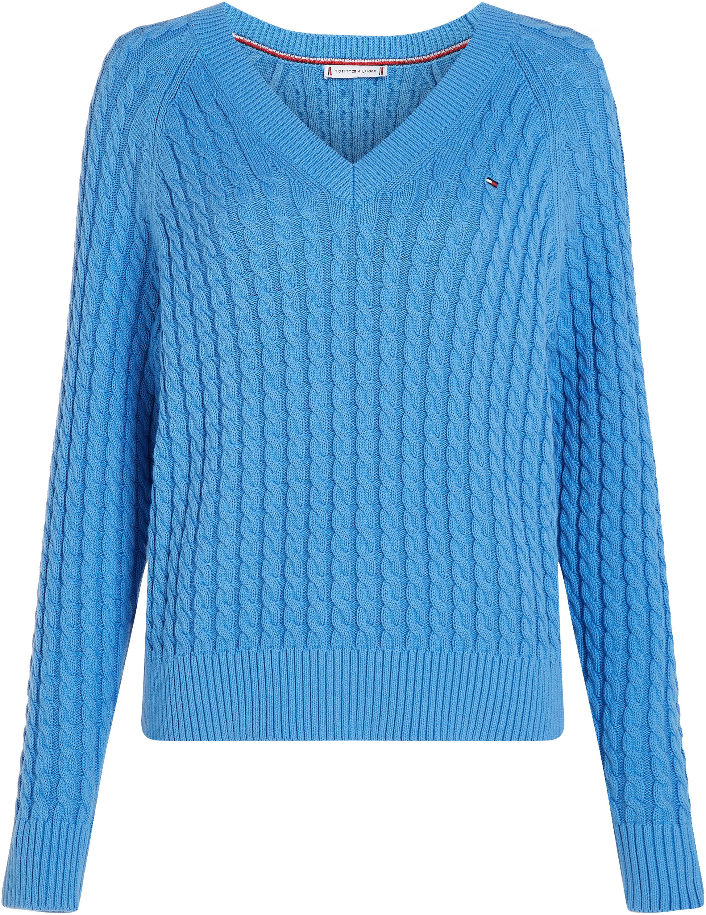 Tommy Hilfiger Curve V-Ausschnitt-Pullover »CRV CO CABLE V-NK SWEATER«, mit Logostickerei
