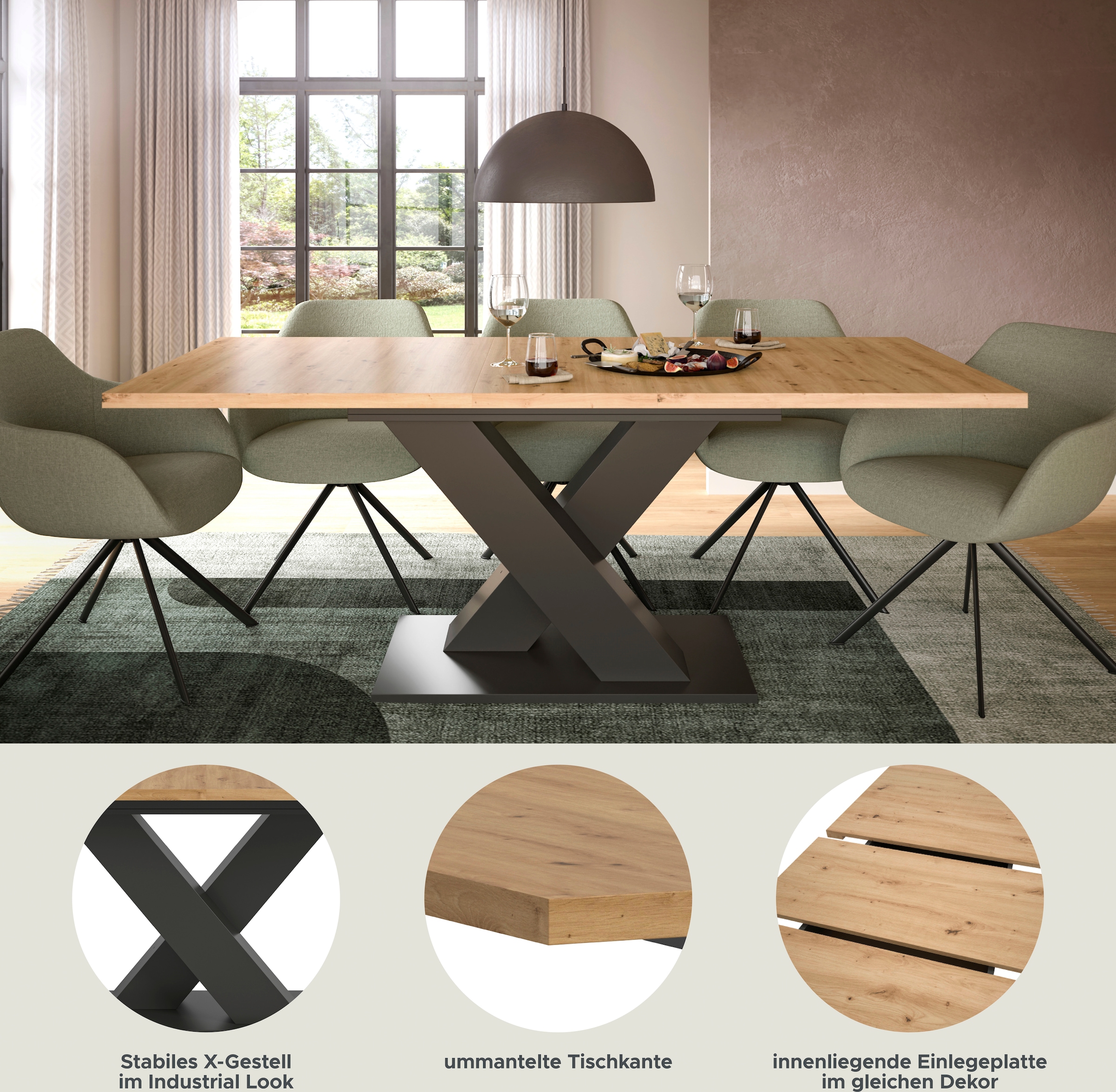 INOSIGN Esstisch »Motus, ausziehbar 150 -190 cm, inklusive 40 cm Einlegeplatte«, (Set, 1 St.), X-Gestell mit Bodenplatte, Tisch, Küchentisch, Esszimmer, Küche