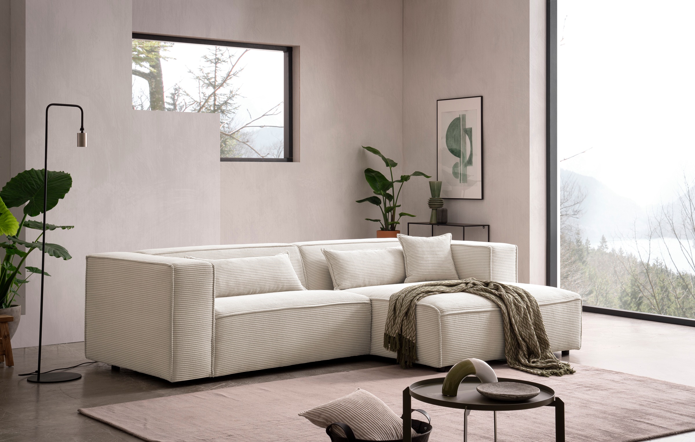 LeGer Home by Lena Gercke Ecksofa »PIARA mit Kedernaht in Cord oder Leinenoptik, moderne Couch in L-Form«, wahlweise Ottomane rechts/links, schwarze Füsse, bequemer Sitzkomfort