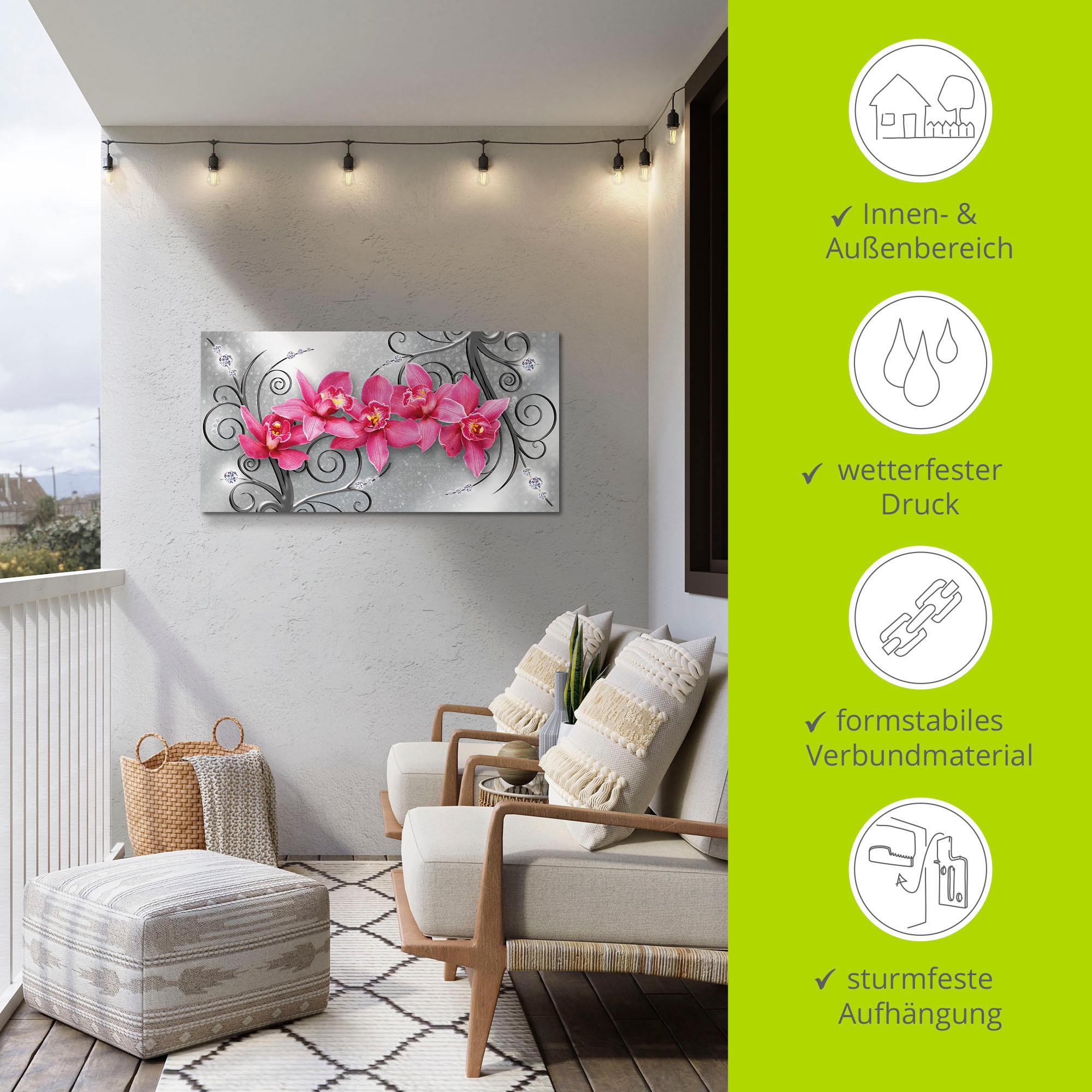 Artland Wandbild »rosa Orchideen auf Ornamenten«, Blumenbilder, (1 St.), als Alubild, Outdoorbild, Leinwandbild, Poster, Wandaufkleber