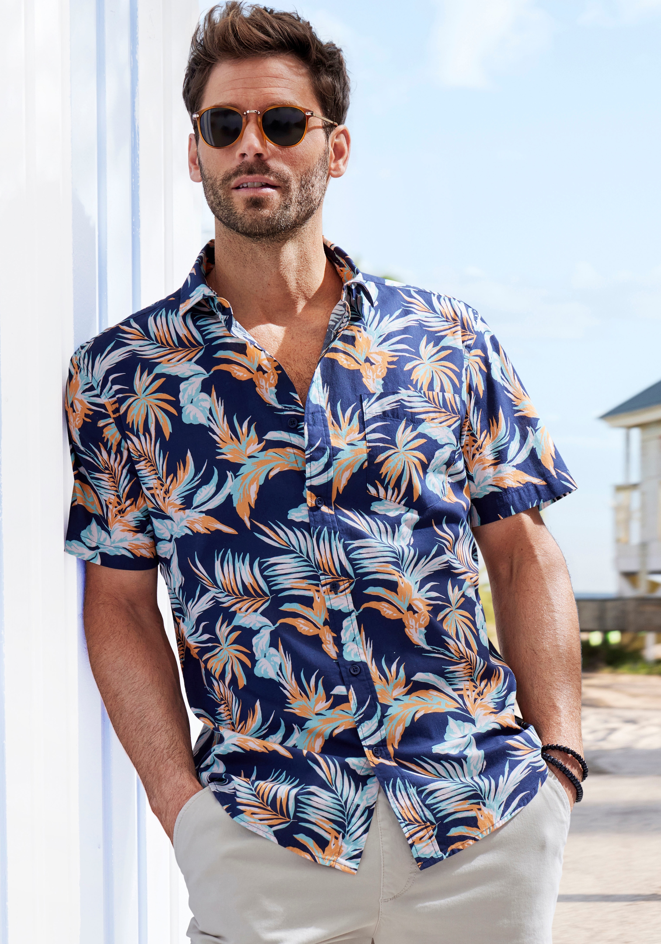 Hawaiihemd »Regular fit«, Kurzarm, Freizeithemd mit Palmendruck aus reiner Baumwolle