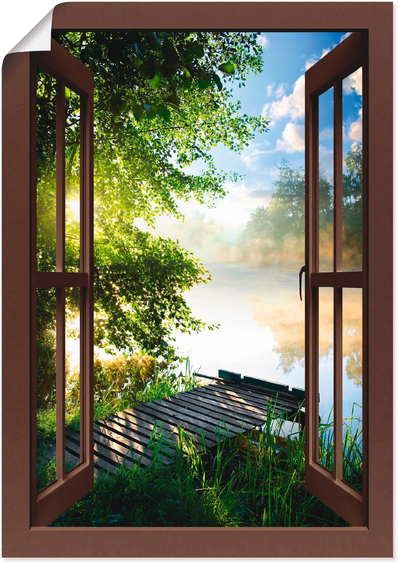 Artland Wandbild "Fensterblick Angelsteg am Fluss" Fensterblick 1 Stk. tlg. als Alubild, Leinwandbild, Poster in verschied. Grössen