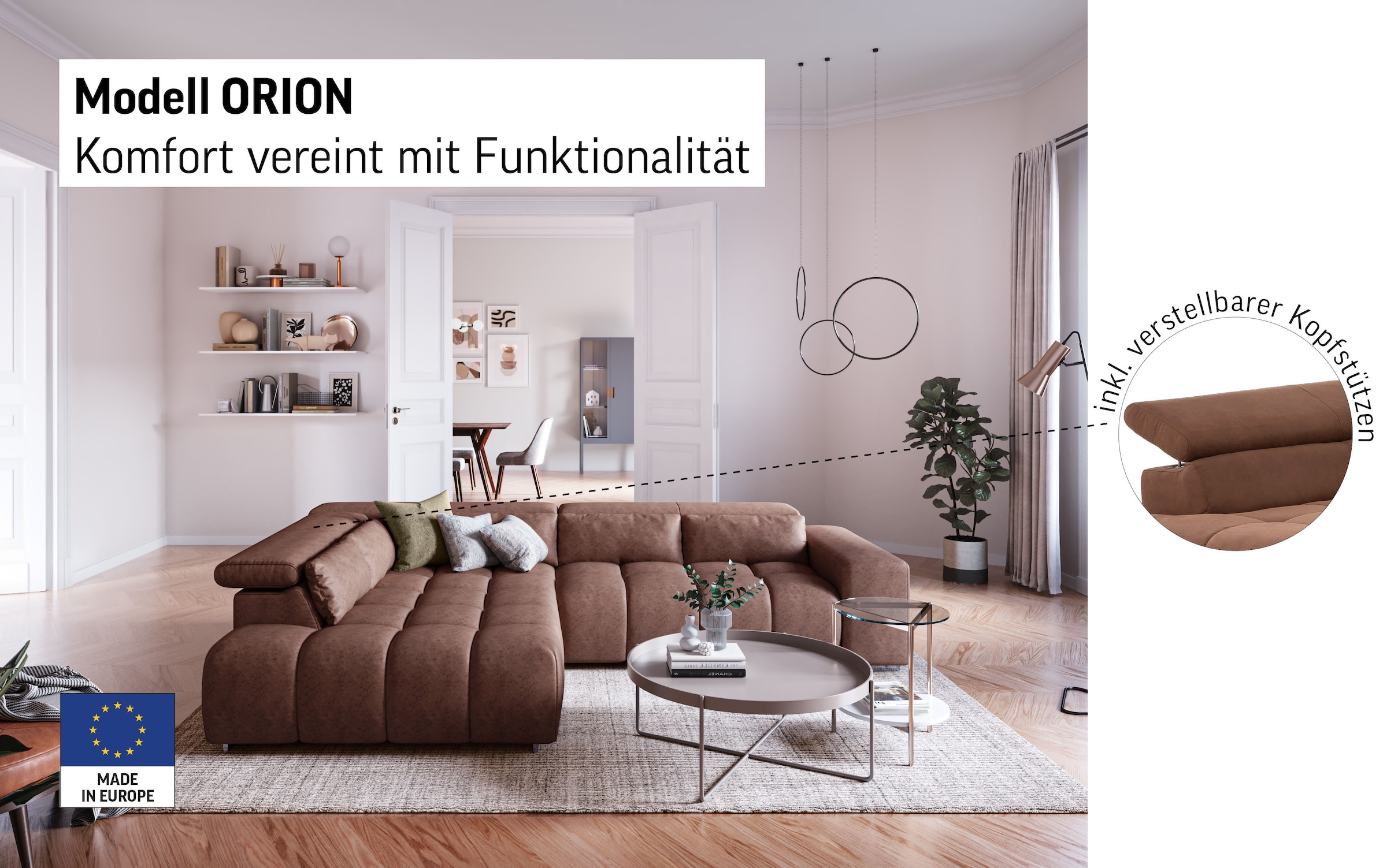 COTTA Ecksofa »Orion L-Form«, mit Ottomane, inklusive verstellbarer Kopfstützen und 5 Nierenkissen