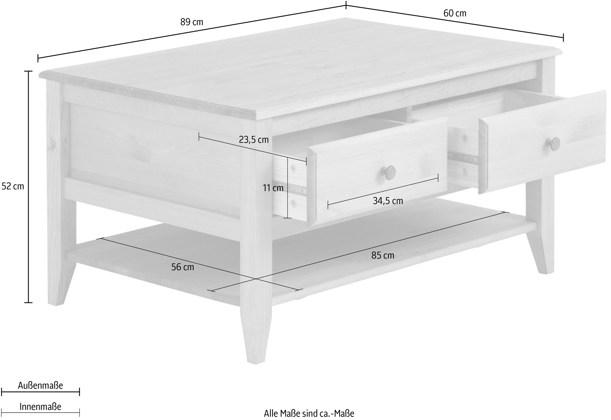 Home affaire Couchtisch »Leonis«, Breite 89 cm, mit Schubladen und Ablageboden, aus massiver Kiefer