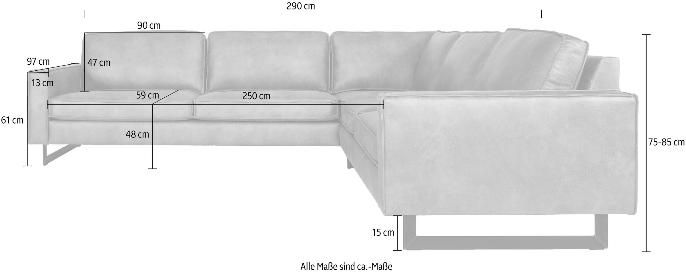 Places of Style Ecksofa »Pinto, XXL, 250/290 cm, langer Schenkel, Ottomane«, Cord, Chenille, Lederoptik, mit Keder, Metallfüsse, Wellenunterfederung