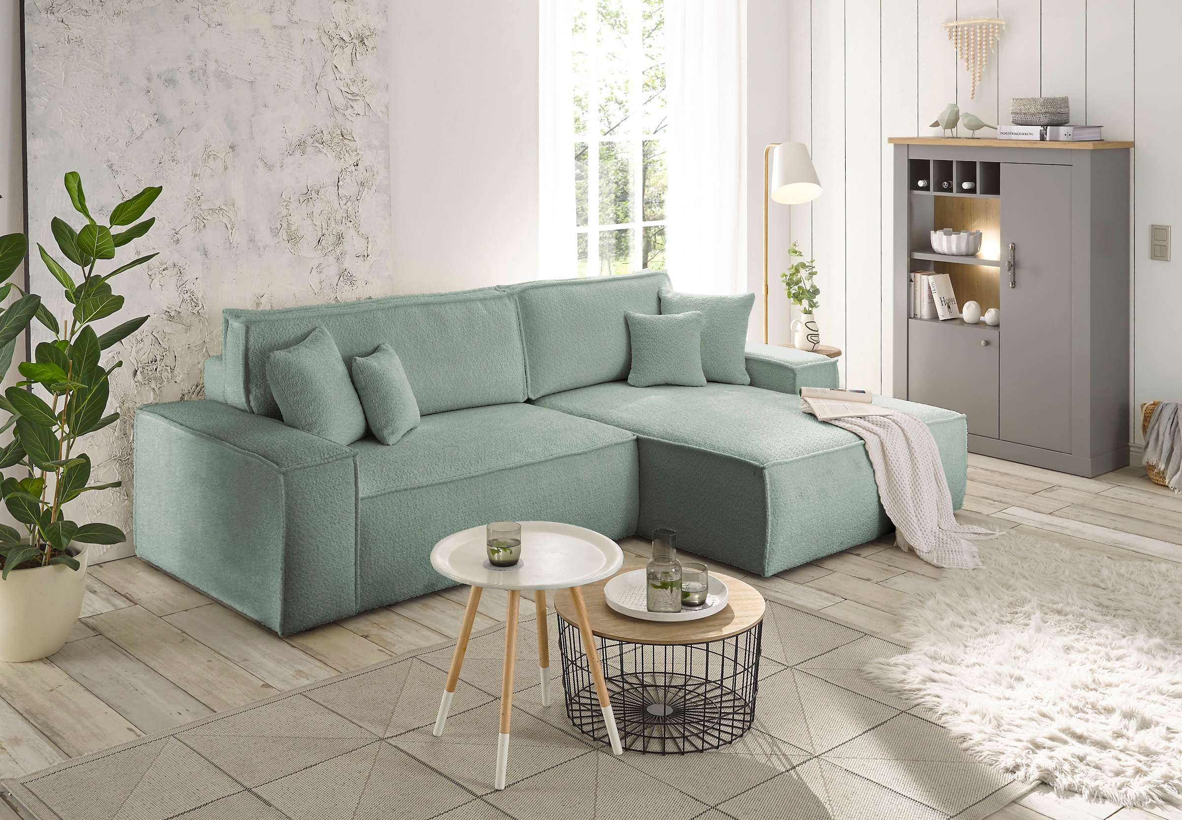 andas Ecksofa »Finnley Schlafsofa 267 cm in Bouclé, Struktur fein u. Cord, L-Form,«, Schlaffunktion m. Bettkasten (136/210 cm), Bouclé, Struktur und Cord