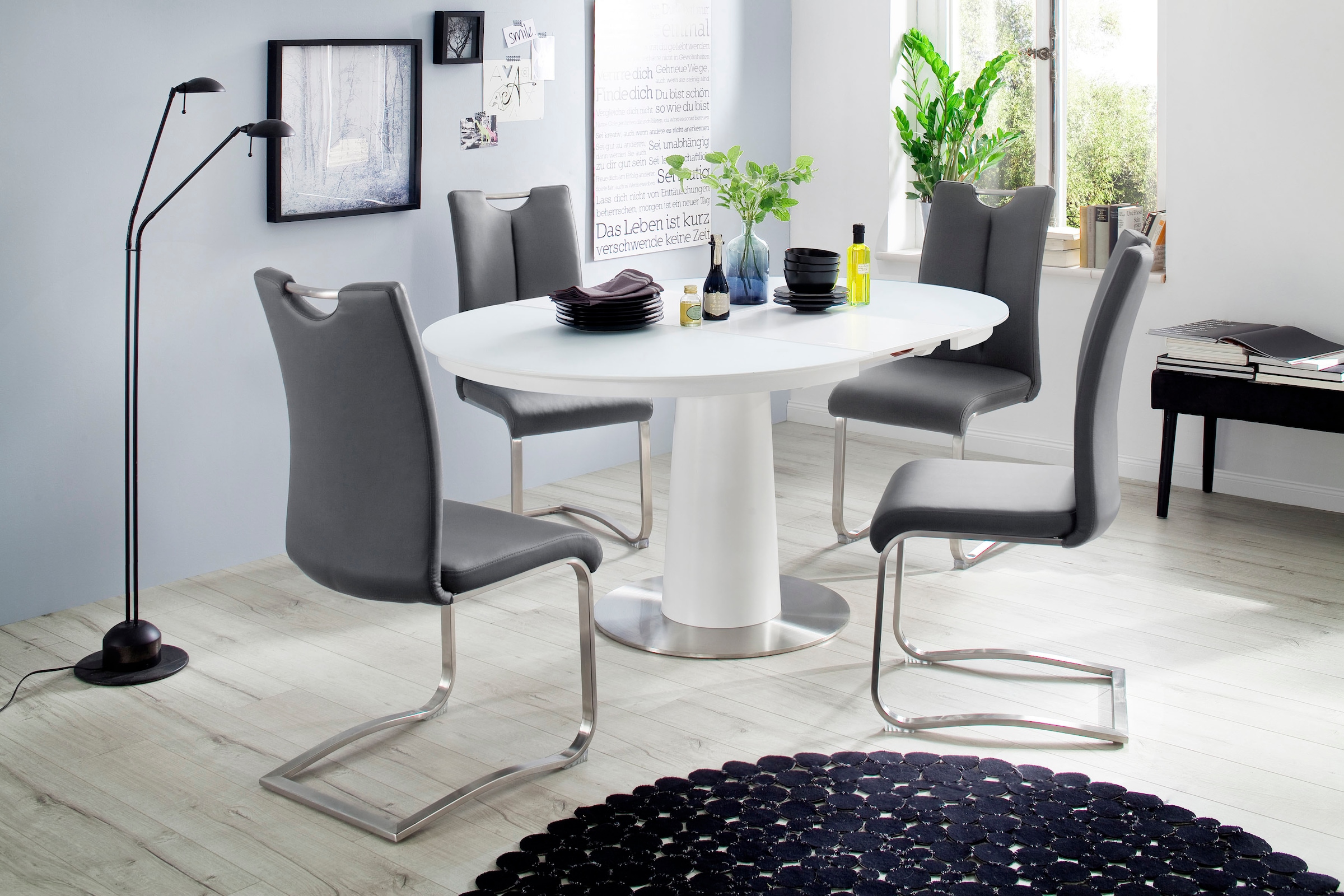 MCA furniture Esstisch »Waris«, Esstisch Rund mit Synchronsauszug, Weiss matt mit Sicherheitsglas