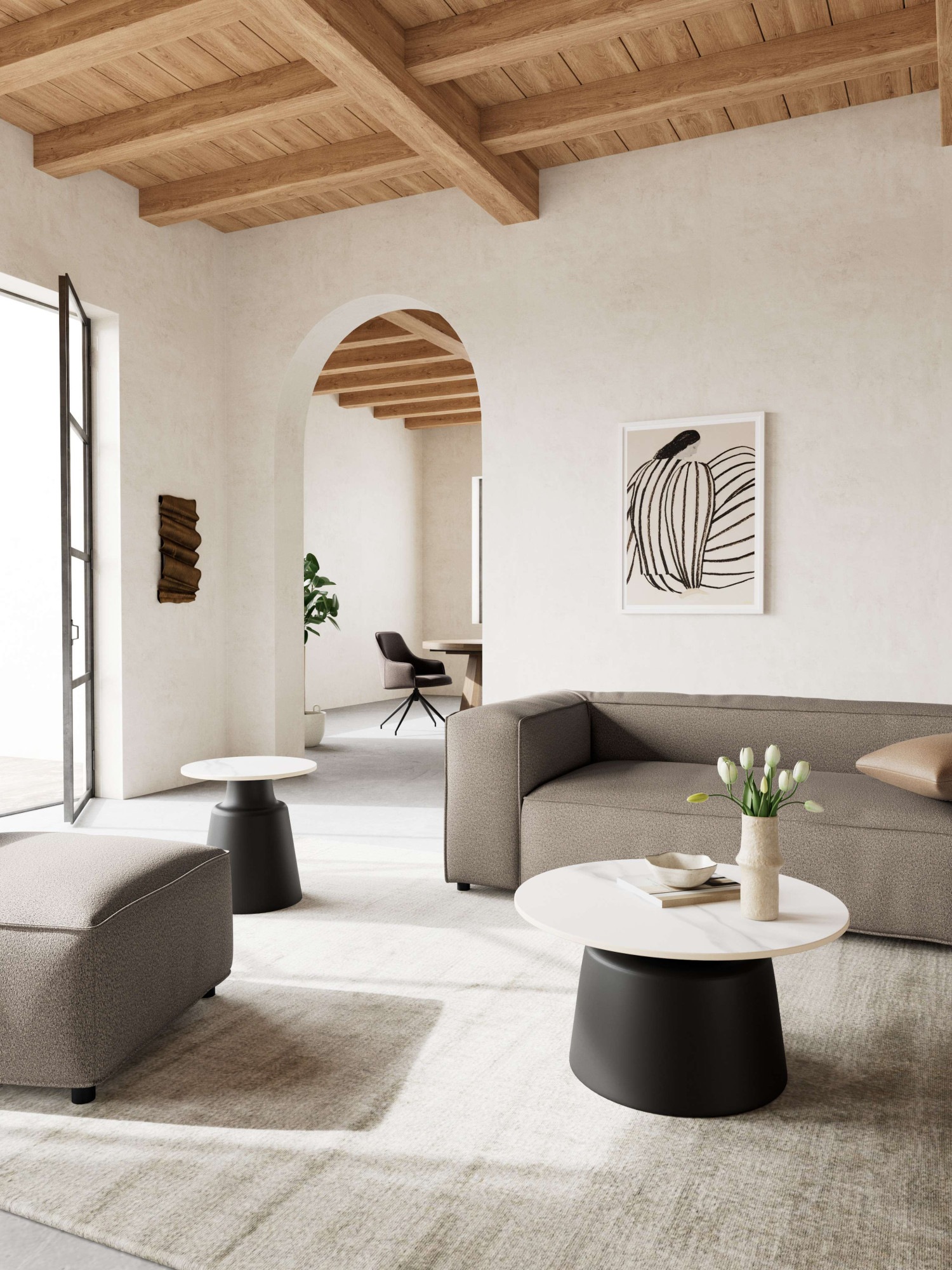 ACTONA GROUP Couchtisch "Santorini Kaffetisch - modern & stilvoll mit langlebiger Keramikplatte" Weiße Keramik, schwarzes Stahlgestell, langlebig. Ø: 70 cm