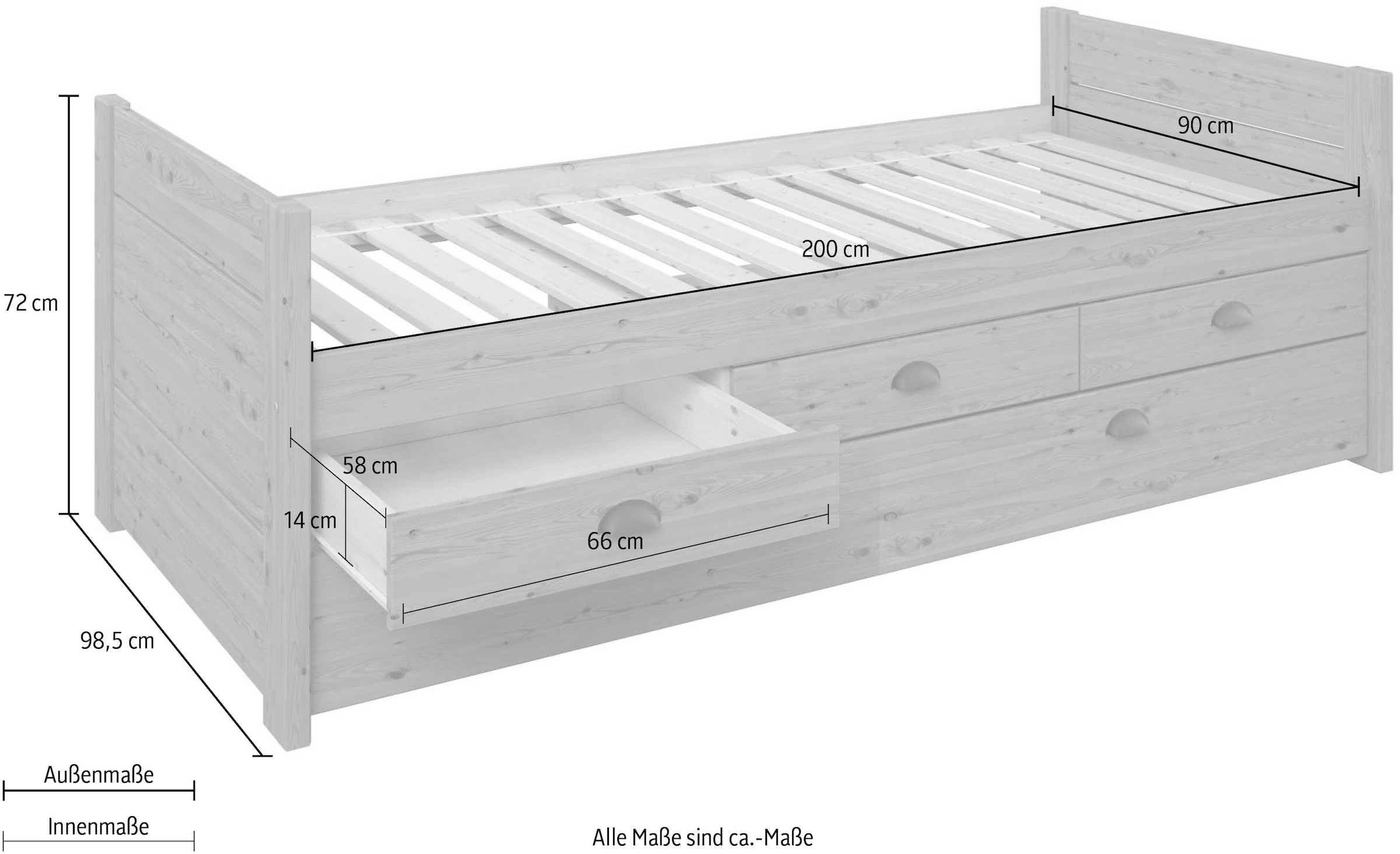 Home affaire Funktionsbett »Villelot, Daybed, Stauraumwunder im Vintag-Look, 4 Schubladen«, zertifiziertes Massivholz (Kiefer)