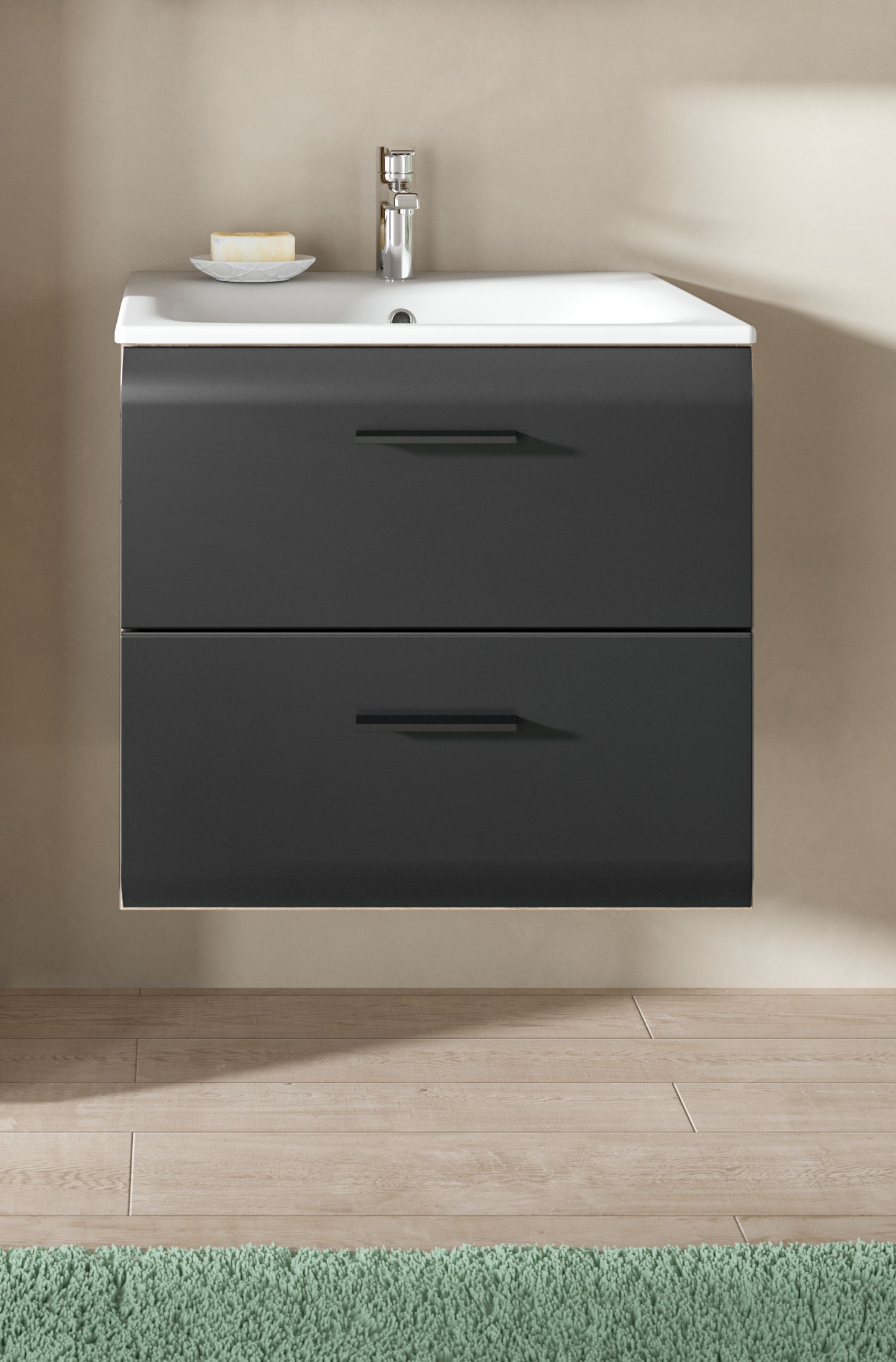 welltime Waschbeckenunterschrank "FLORENZ, Breite 60 cm, inkl. Waschbecken, hängende Montage" TOPSELLER, 2 Stk. tlg. hochwertige MDF Front, Griff schwarz, Badschrank, Bad