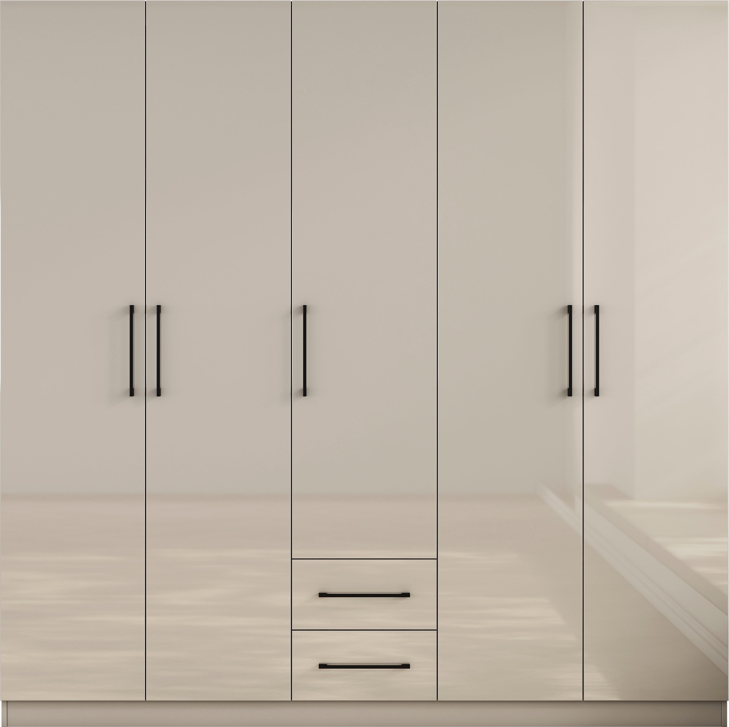 OTTO home Kleiderschrank "Sylt Schlafzimmerschrank Garderobe Schrank in hochglanz weiß" 5 Türen, 2 Schubladen, schwarze moderne Griffe, 7 Einlegeböden, Drehtürenschrank mit perfekter Innenausstattung, Breite 200cm
