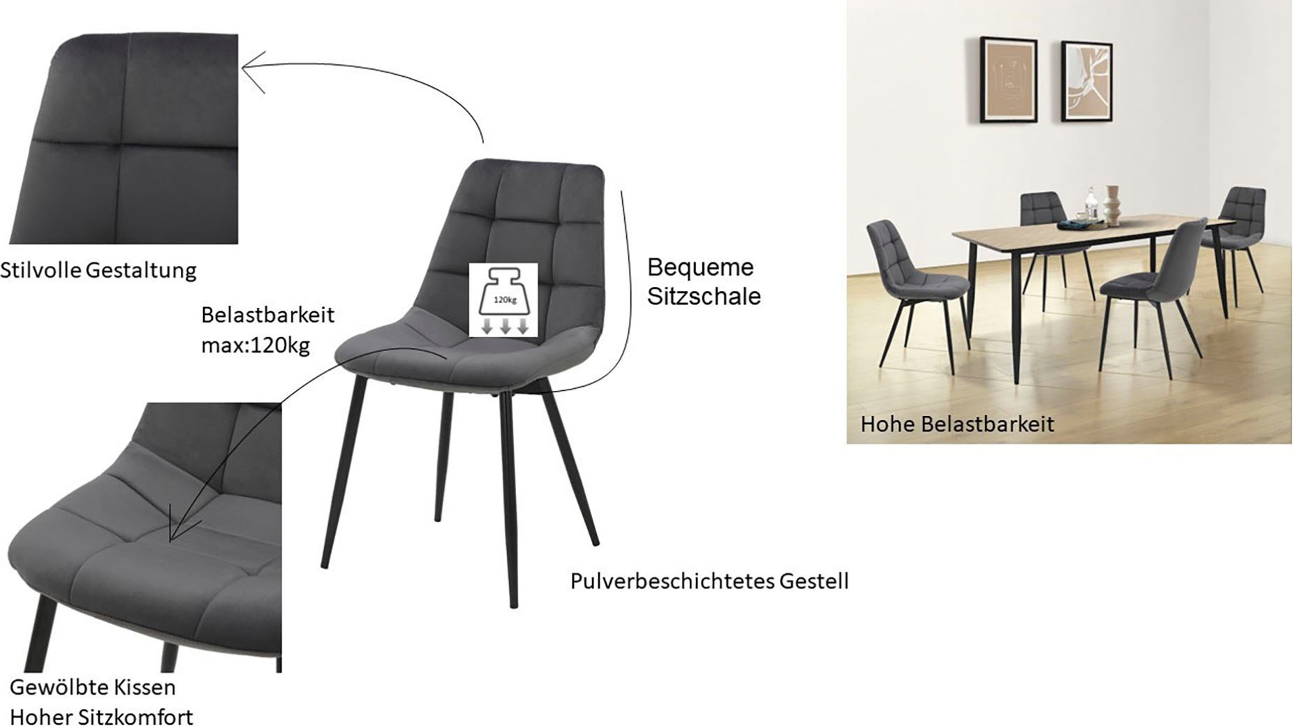 INOSIGN Esszimmerstuhl »Arhus, TOPSELLER!«, (Set), 4 St., Samtvelours, Küchenstuhl mit weichem Samtvelours Bezug, pflegeleichtes Material